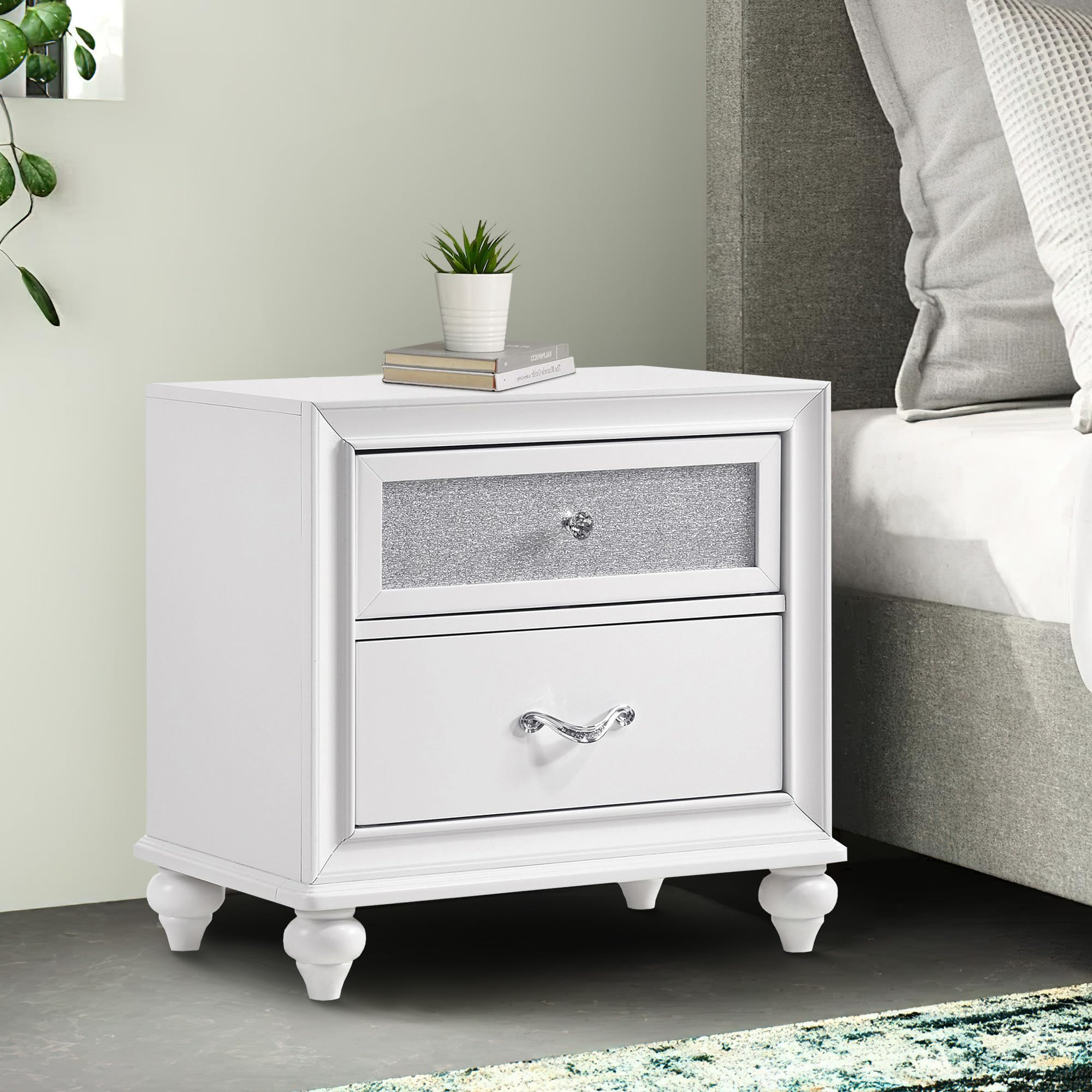 Benjara White Nightstand with 2 Drawers - Glittery Acrylic Front Bedside Table for Bedroom, Living Room & Guest Room - Modern Storage End Table with Smooth Gliding Drawers