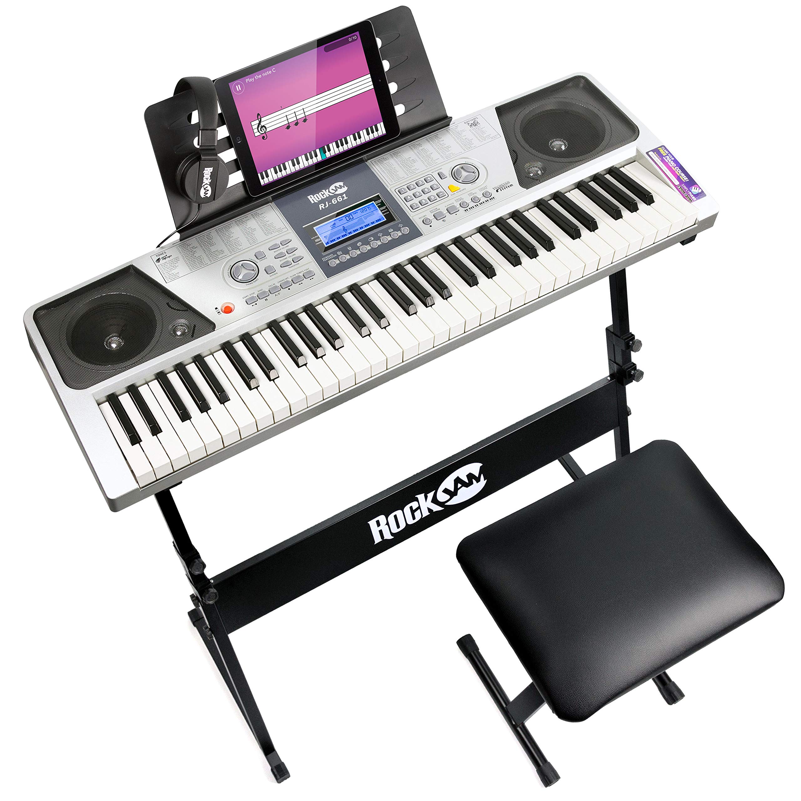 RockJam 61-Key Electronic Keyboard Piano Kit with Stand, Bench, Headphones & Note Stickers - Perfect for Beginners, Home Practice & Simply Piano Lessons - Ideal for Kids, Teens & Adult Music Learning