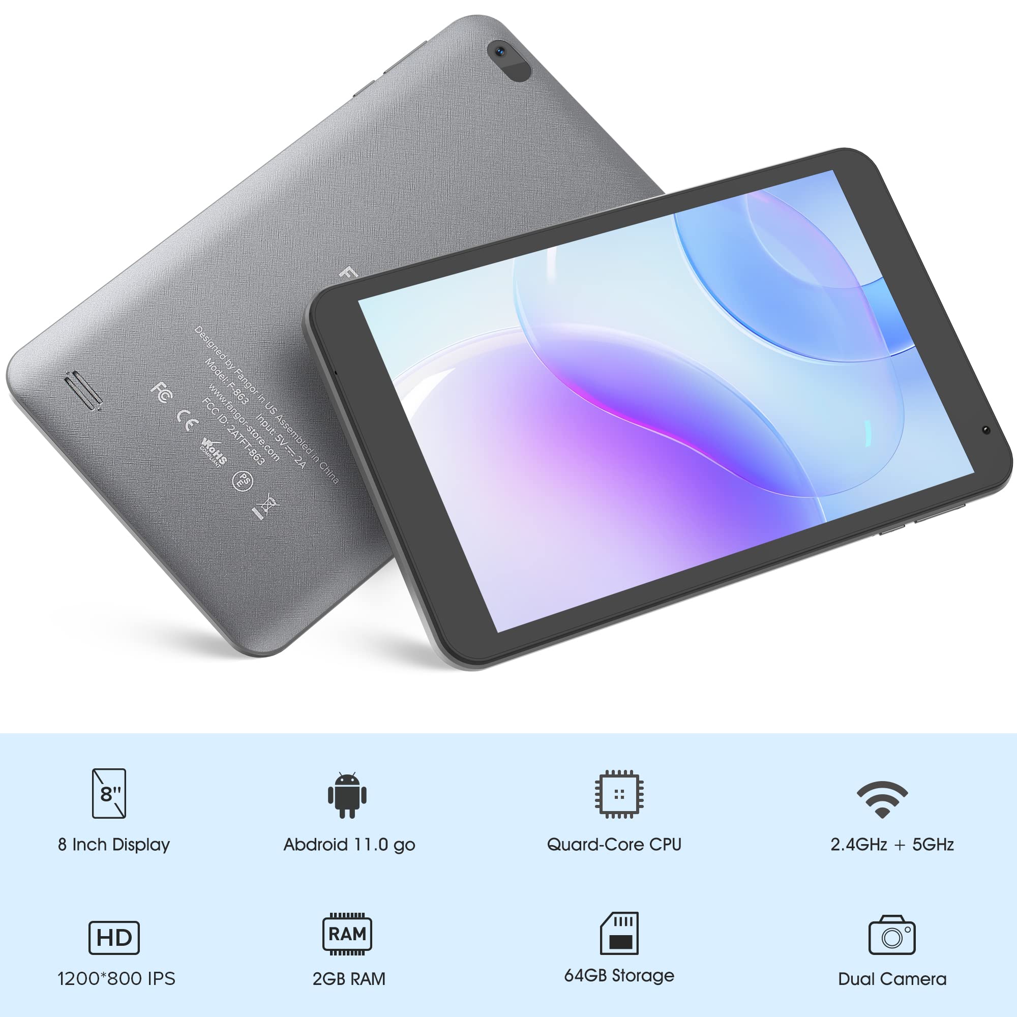 FANGOR 8 Inch Android Tablet with Quad-Core Processor, 32GB Storage, 2GB RAM, 5G WiFi, Bluetooth 5.0 - Dual Camera, Android 11.0 (Silver Grey) - Perfect for Work, Study, Streaming & Gaming