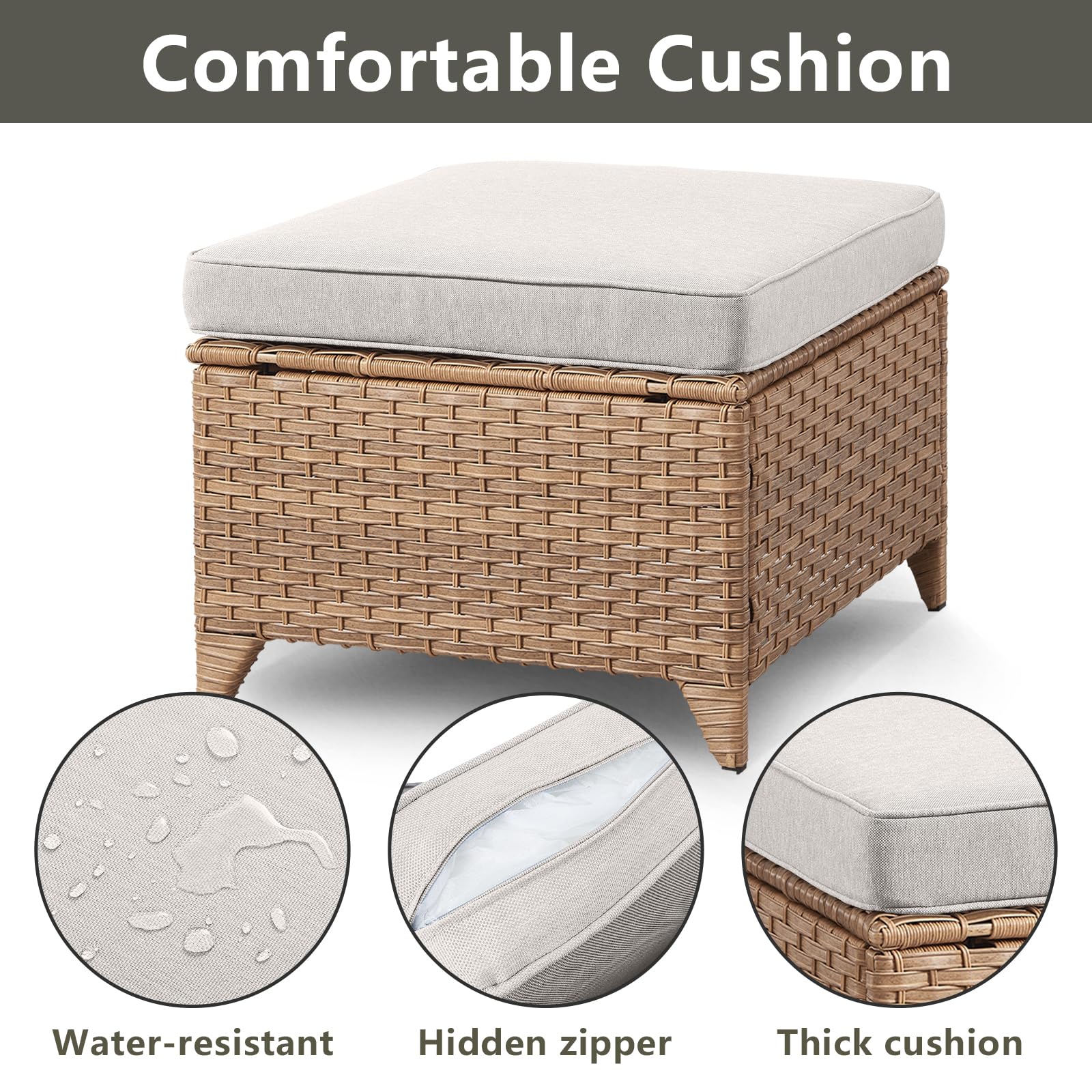 2-Piece Outdoor Wicker Ottoman Set with Thick Cushions - Yellow/Beige Rattan Patio Footrest & Footstool for Garden, Poolside & Backyard Relaxation