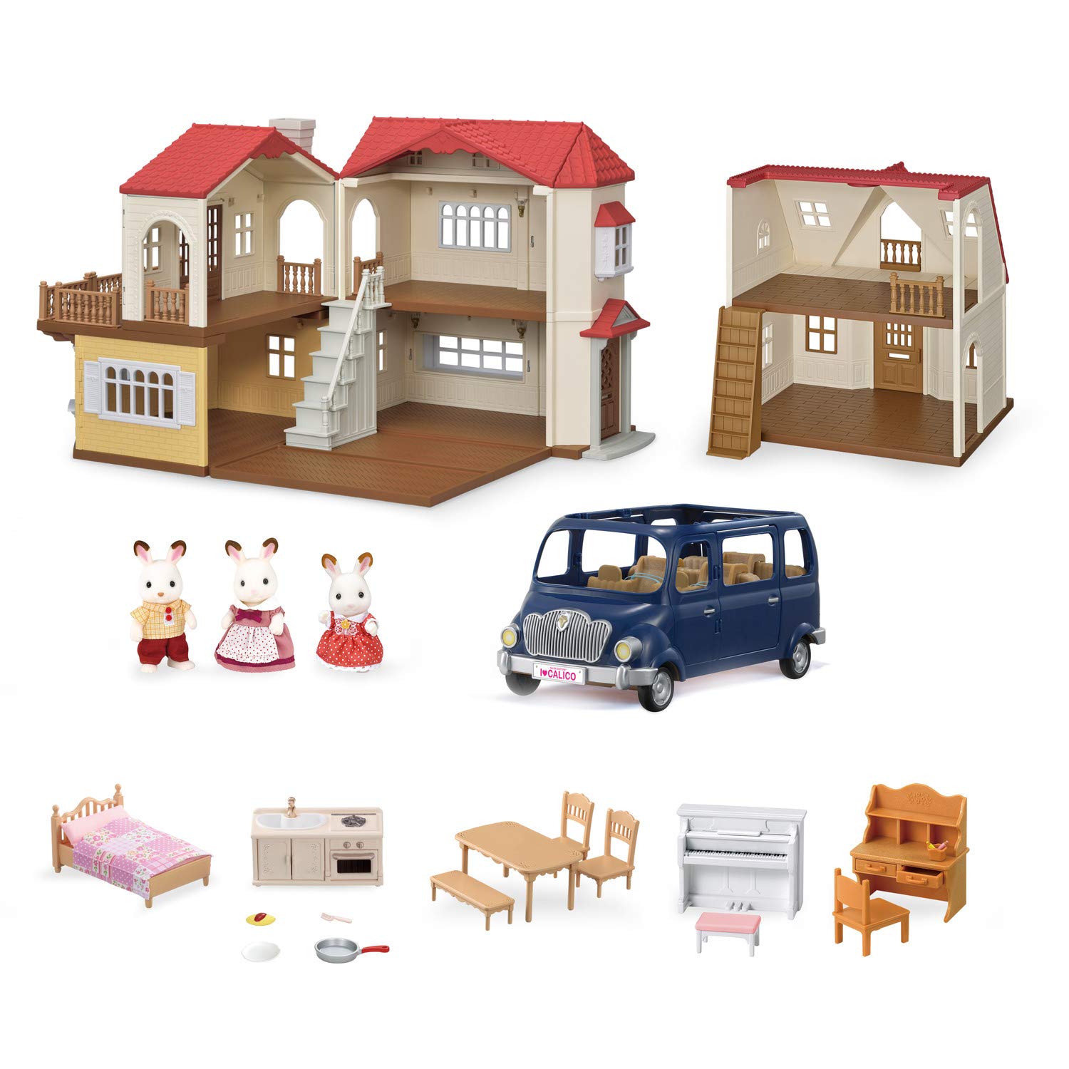Calico Critters Red Roof Grand Mansion Dollhouse Playset - 3 Figures, Furniture, Vehicle & Accessories | Perfect Gift for Kids & Collectors | Pretend Play, Room Decor & Display