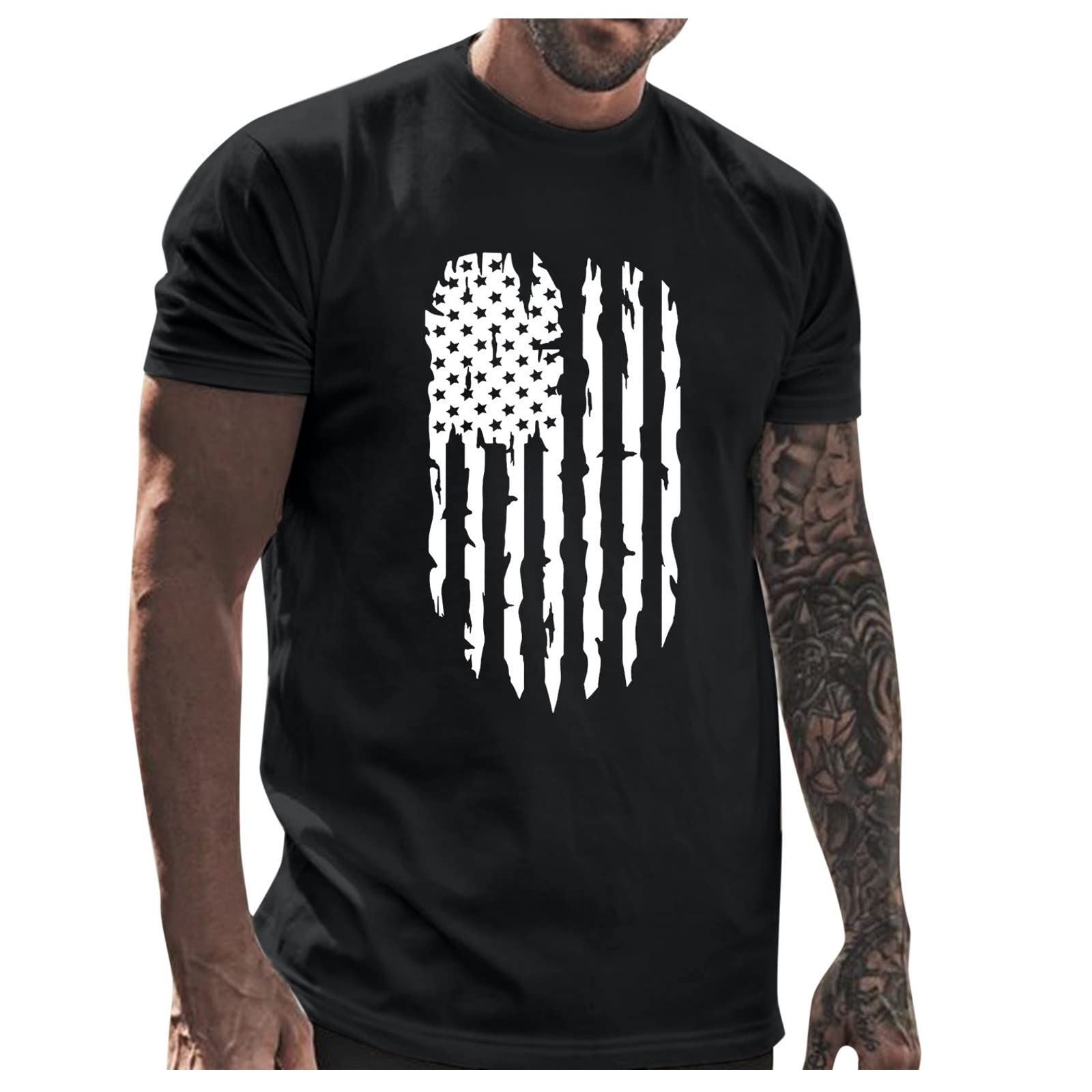 Men's Cool Streetwear Pullover T-Shirts - Custom Personalized Casual Short Sleeve Funny Graphic Tees with American Star Flag Design | Perfect for Daily Wear, Street Fashion & Casual Outings
