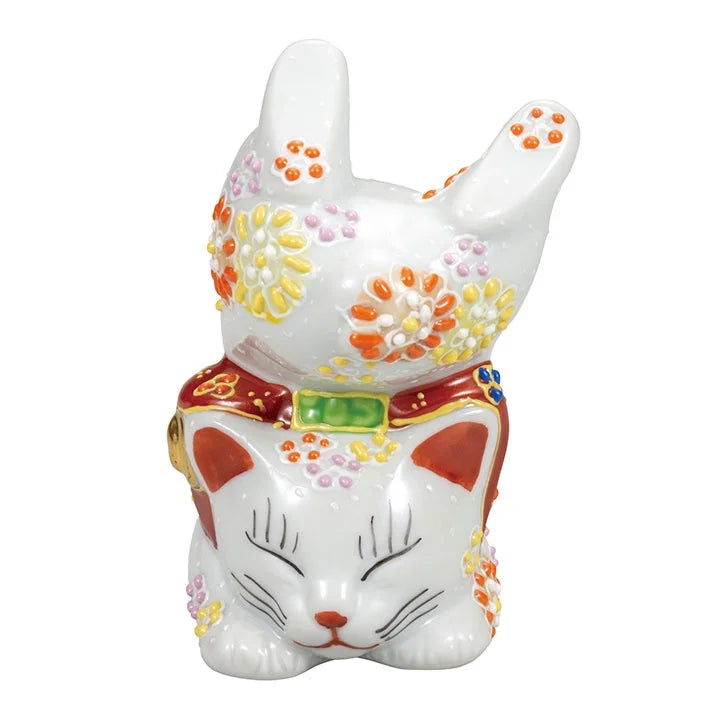 Authentic Kutani Yaki Japanese Maneki Neko Lucky Cat Figurine - Handstand & Flower Design - Traditional Japanese Beckoning Cat for Home Decor, Office Feng Shui & Good Fortune Gift