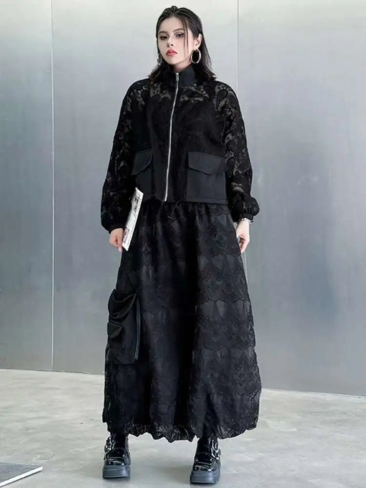 Elegant Black Lace Jacket & Pocket Skirt Two-Piece Set with Stand Collar & Long Sleeves - Women's Fashion Outfit for Spring & Fall 2025 (Style 1DJ0248) | Perfect for Office Wear, Date Nights & Special Occasions