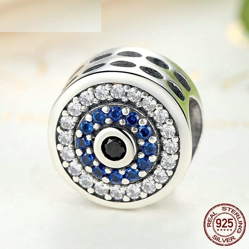 JSFJOFO 925 Sterling Silver Blue Crystal Eye Beads - Round Charm Beads for Women's Bracelets & Jewelry Making - Perfect for DIY Crafting, Gift Giving and Boho Style Accessories
