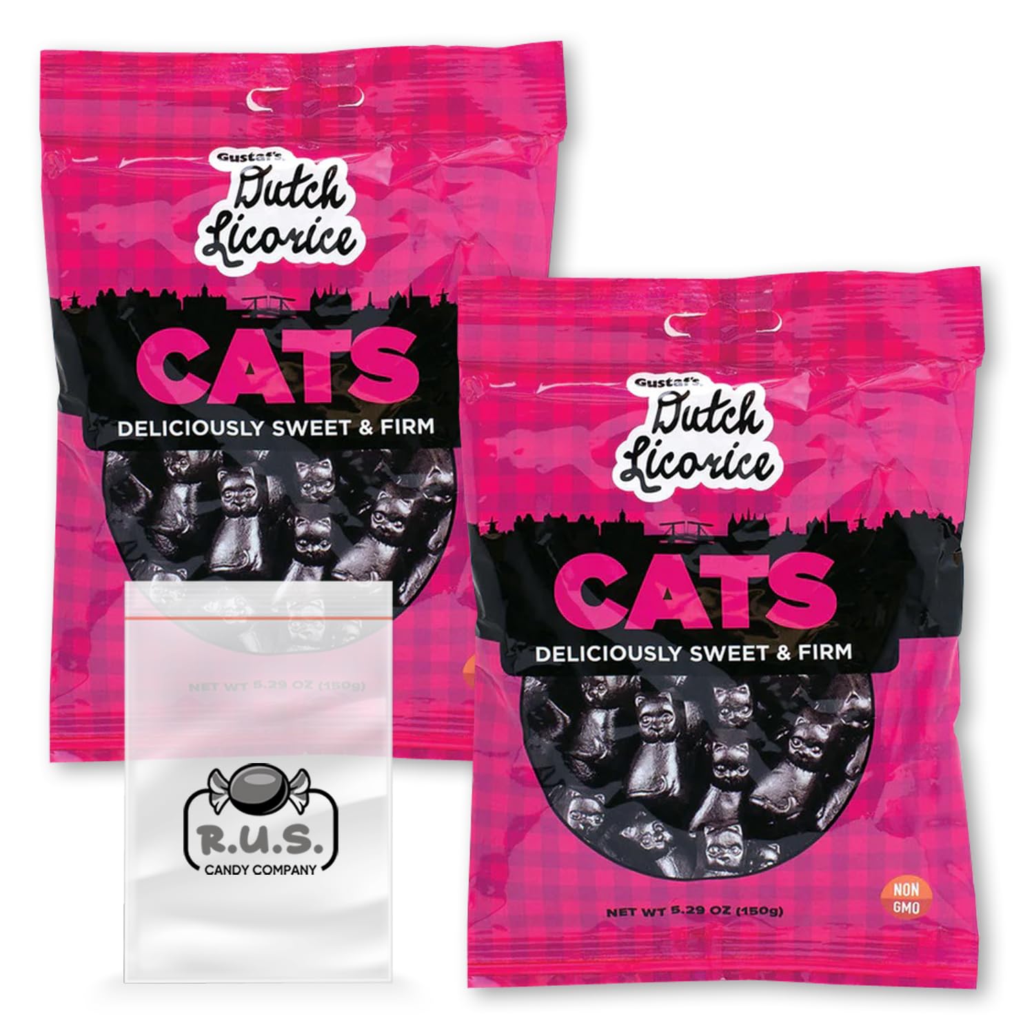 Gustaf's Dutch Licorice Cats - 2 Pack (5.29 oz Each) | Authentic Dutch Candy | Imported Licorice Treats | Perfect for Travel, Gifts & Snacking | Includes RUS Candy Company Travel Size Bags