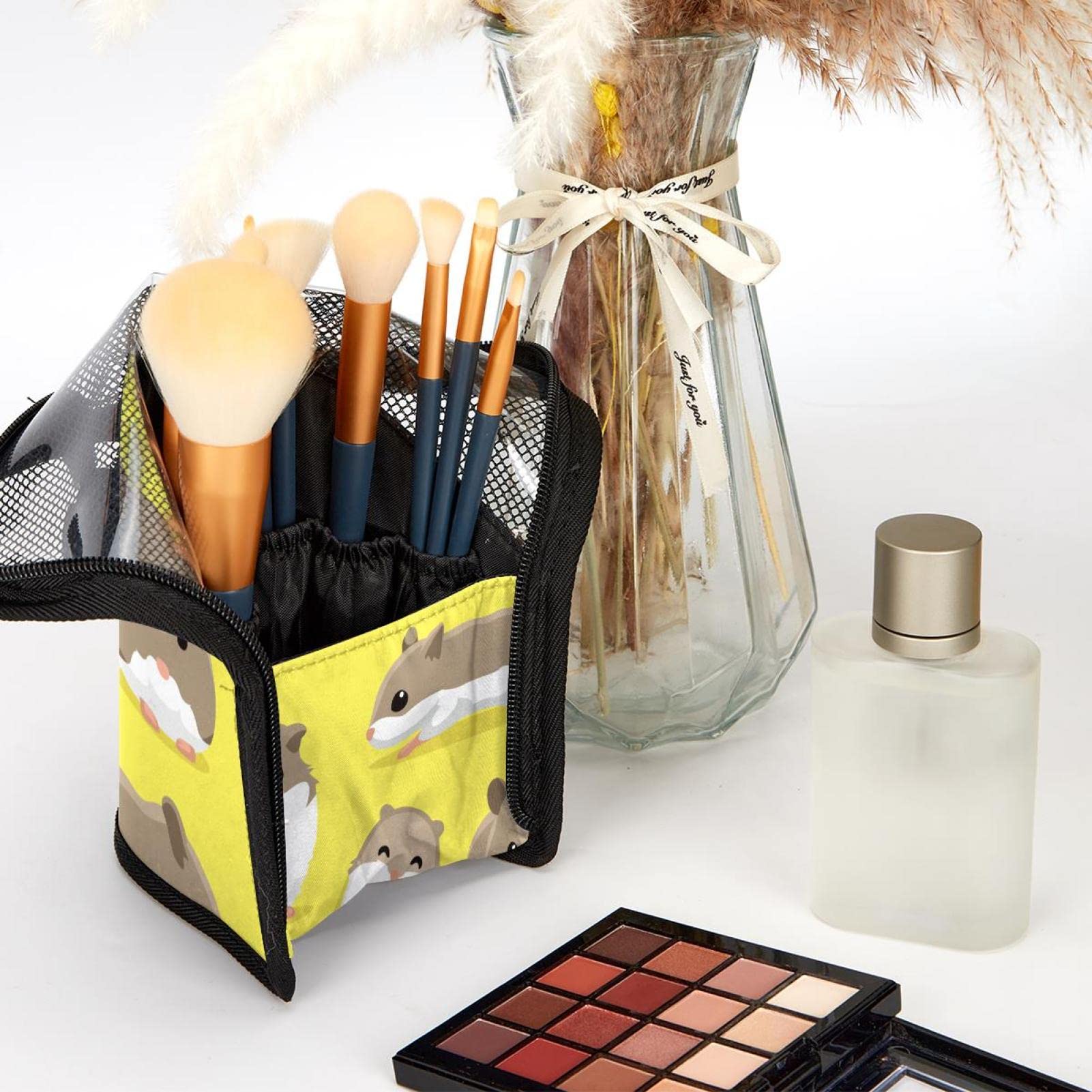 Portable Makeup Brush Organizer Bag with 12 Slots - Cute Hamster & Cartoon Animals Design - Travel Cosmetic Brush Holder Case for Makeup Artists & Beauty Lovers - Perfect for Home, Travel & Professional Use