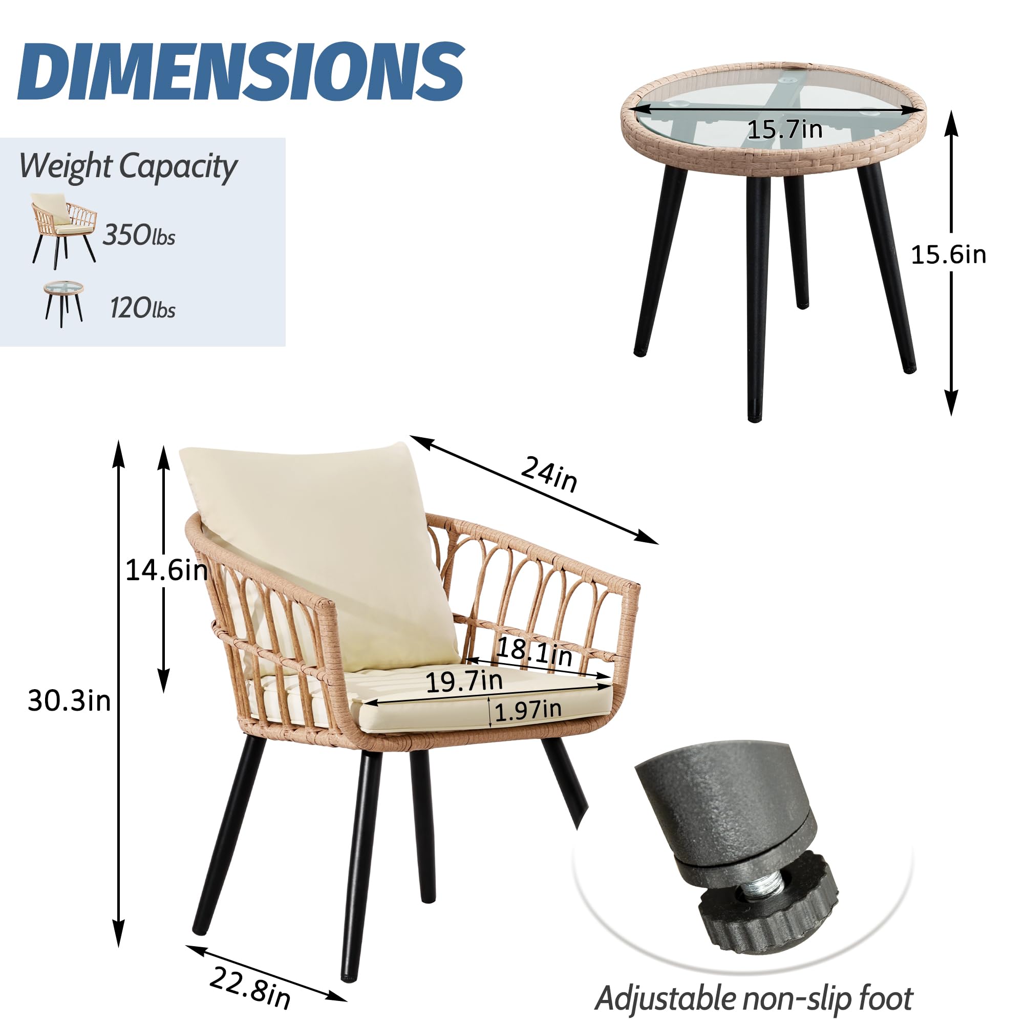 3 Piece Patio Bistro Set - All-Weather Wicker Outdoor Furniture with Cushions, Round Table & Rattan Chairs for Garden, Balcony, Backyard, Porch - Perfect for Relaxing, Dining & Entertaining Guests