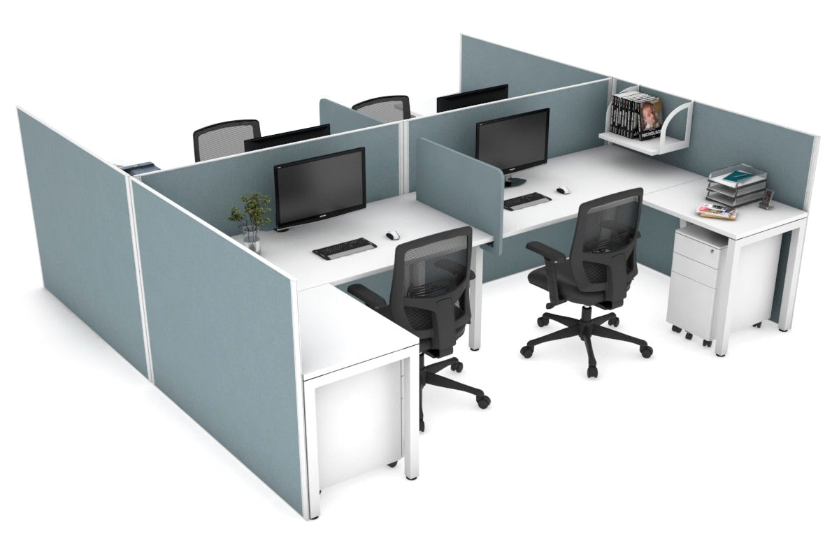 Quadro Square Legs 4-Person Corner Workstation - H Configuration White Frame [1400L x 1800W with Cable Management] - Perfect for Office Collaboration & Team Workspaces