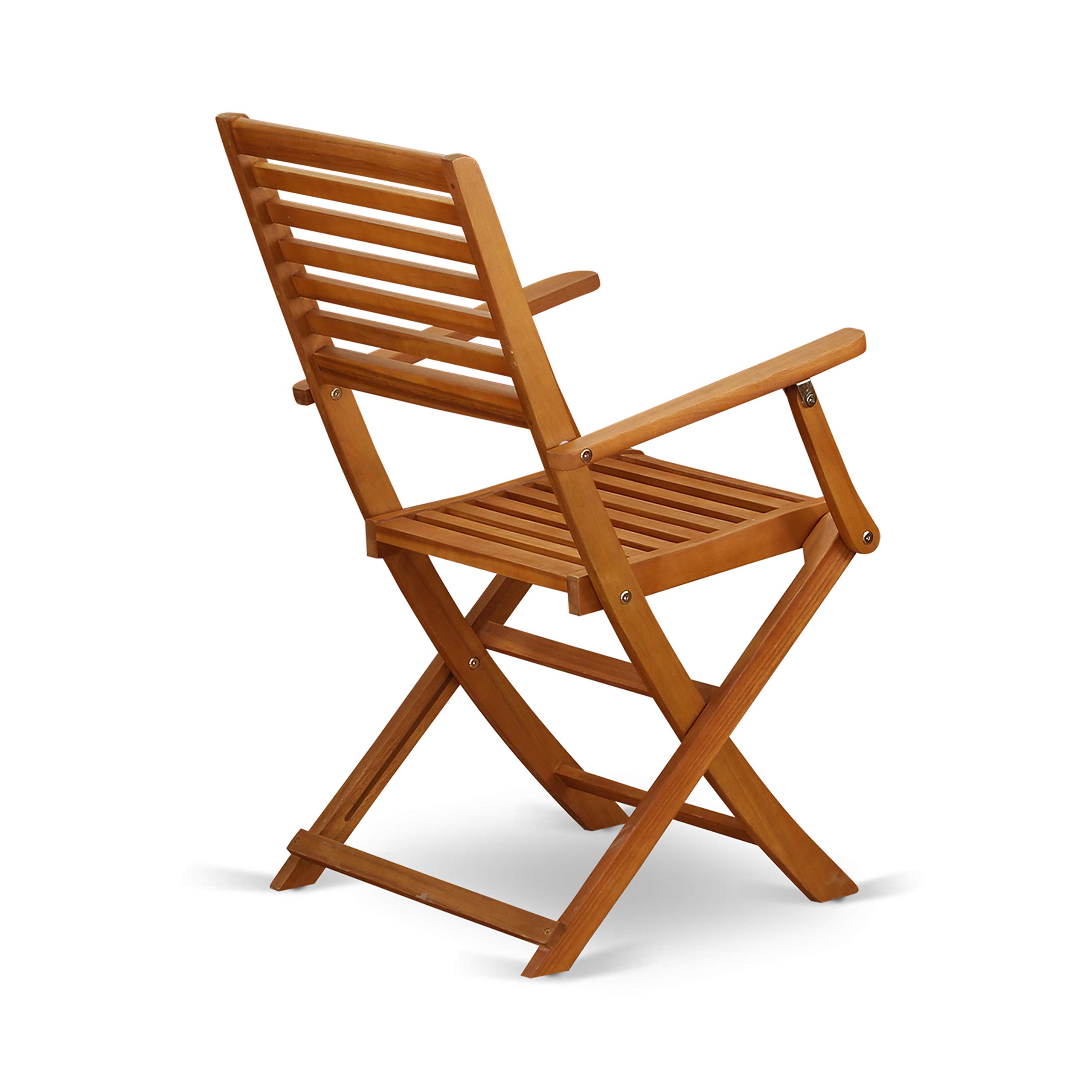 East West Furniture MNBS3CANA Marion 3-Piece Outdoor Patio Conversation Bistro Set - Round Acacia Wood Coffee Table & 2 Folding Arm Chairs, 30x30 Inch, Natural Oil Finish - Perfect for Garden, Balcony, and Backyard Relaxation