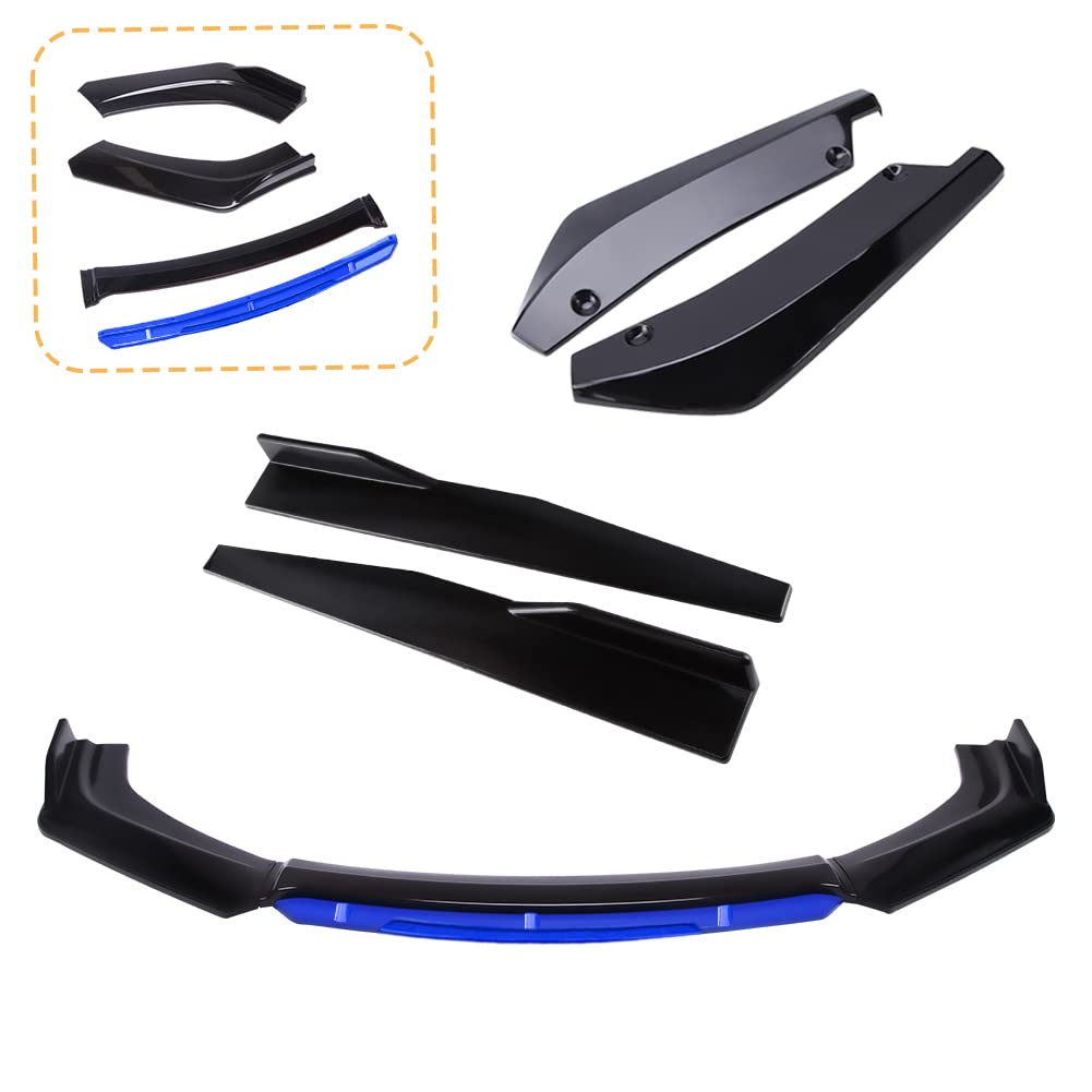 Universal Front Bumper Lip Protector & Rear Diffuser with Side Skirts - Gloss Black & Blue Tongue Car Splitter Spoiler Body Kit (29.3