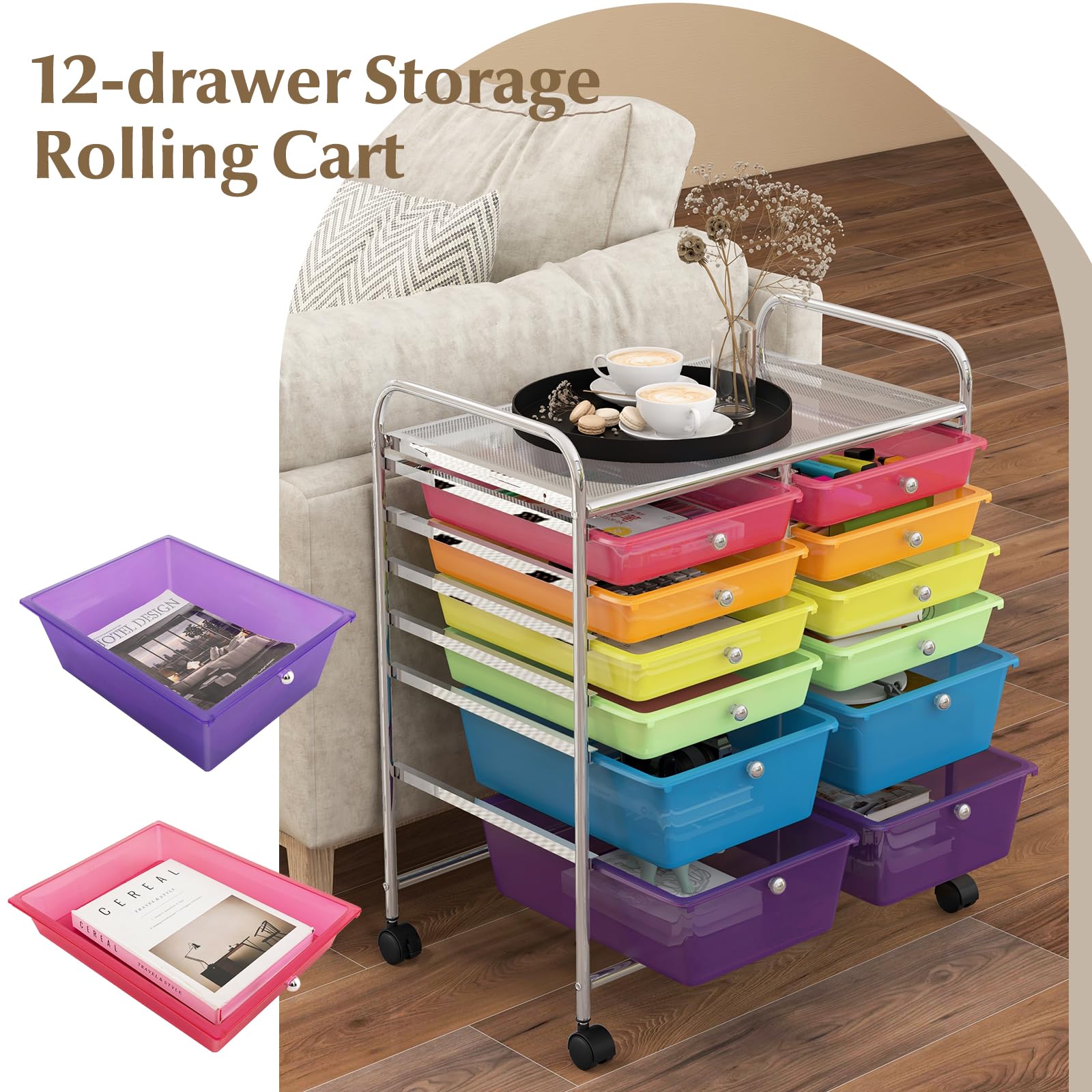RELAX4LIFE 12-Drawer Rolling Craft Storage Cart with Wheels - Mobile Organizer for Art Supplies, Office, School & Beauty Salon | Space-Saving Utility Cart for Home, Studio & Workplace (Color)