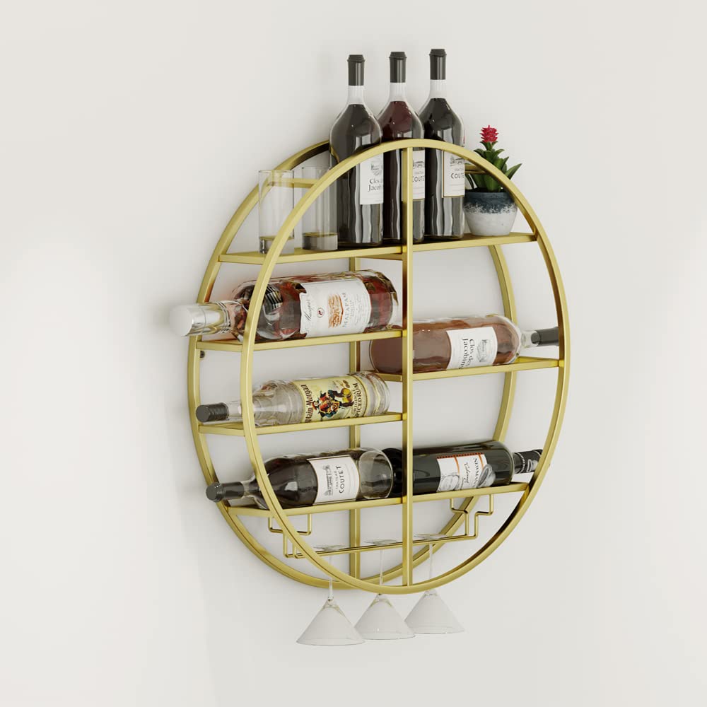 Gold Round Wall Mounted Wine Rack - Horizontal Wine Bottle Holder & Storage Display Shelf for Home Bar, Kitchen, Dining Room (23.6