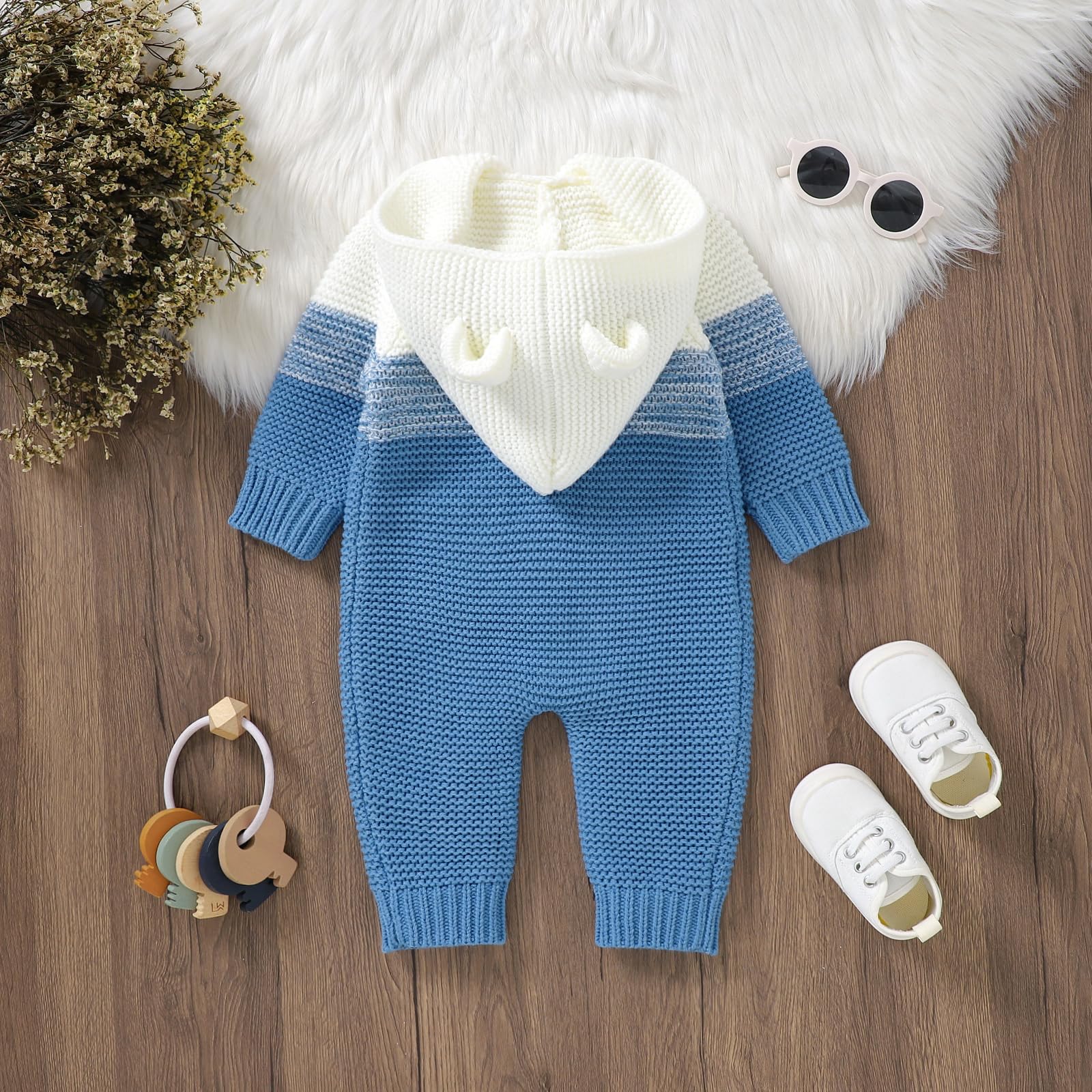 IBTOM CASTLE Unisex Baby Bear Ears Hooded Knit Sweater Romper - Warm Winter Outfit for Boys & Girls - Perfect for Playdates, Family Photos & Holiday Outings