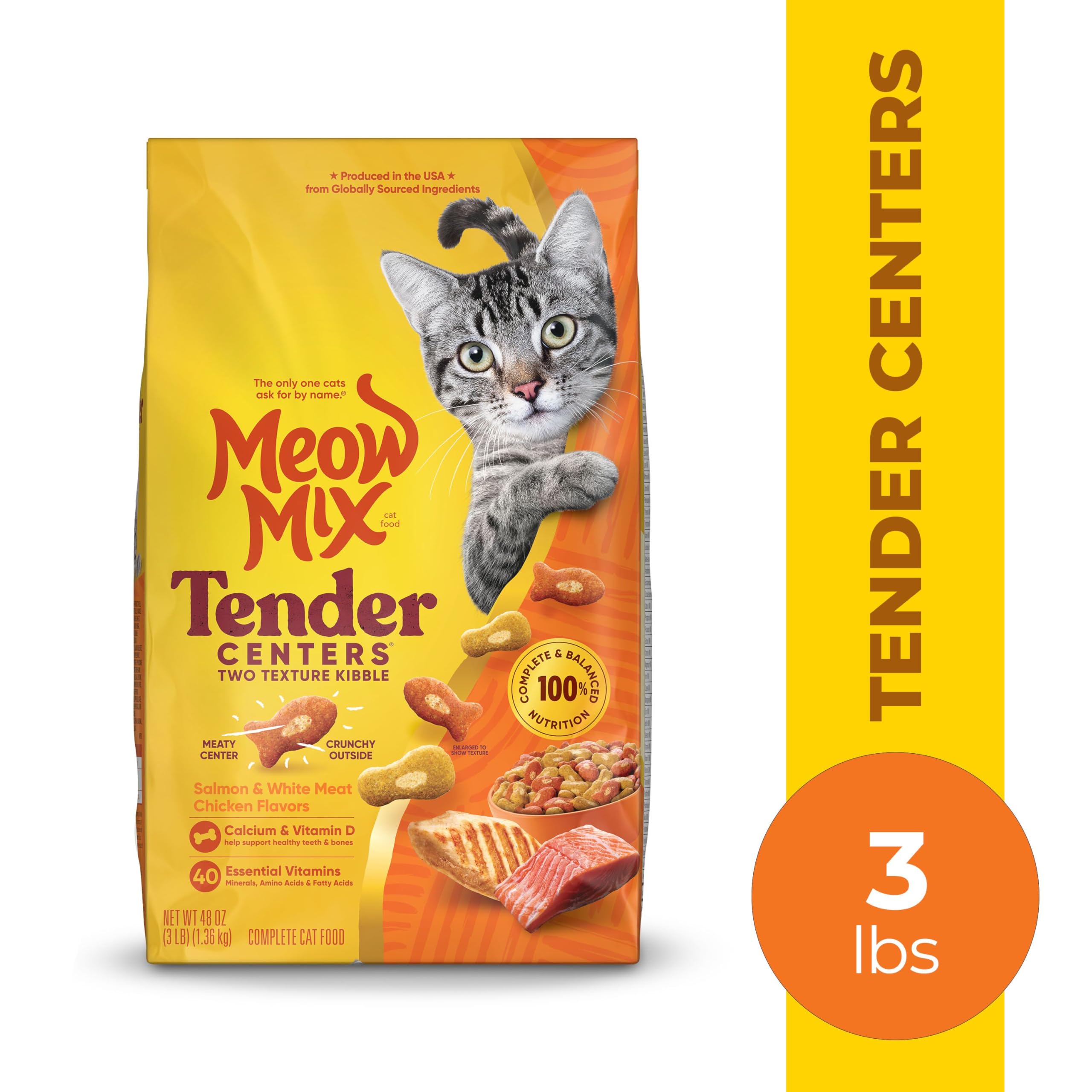 Meow Mix Tender Centers Dry Cat Food - Salmon & Chicken Flavor, 3lb Bag - Crunchy Outside with Meaty Inside for Adult Cats - Perfect for Daily Feeding & Weight Management