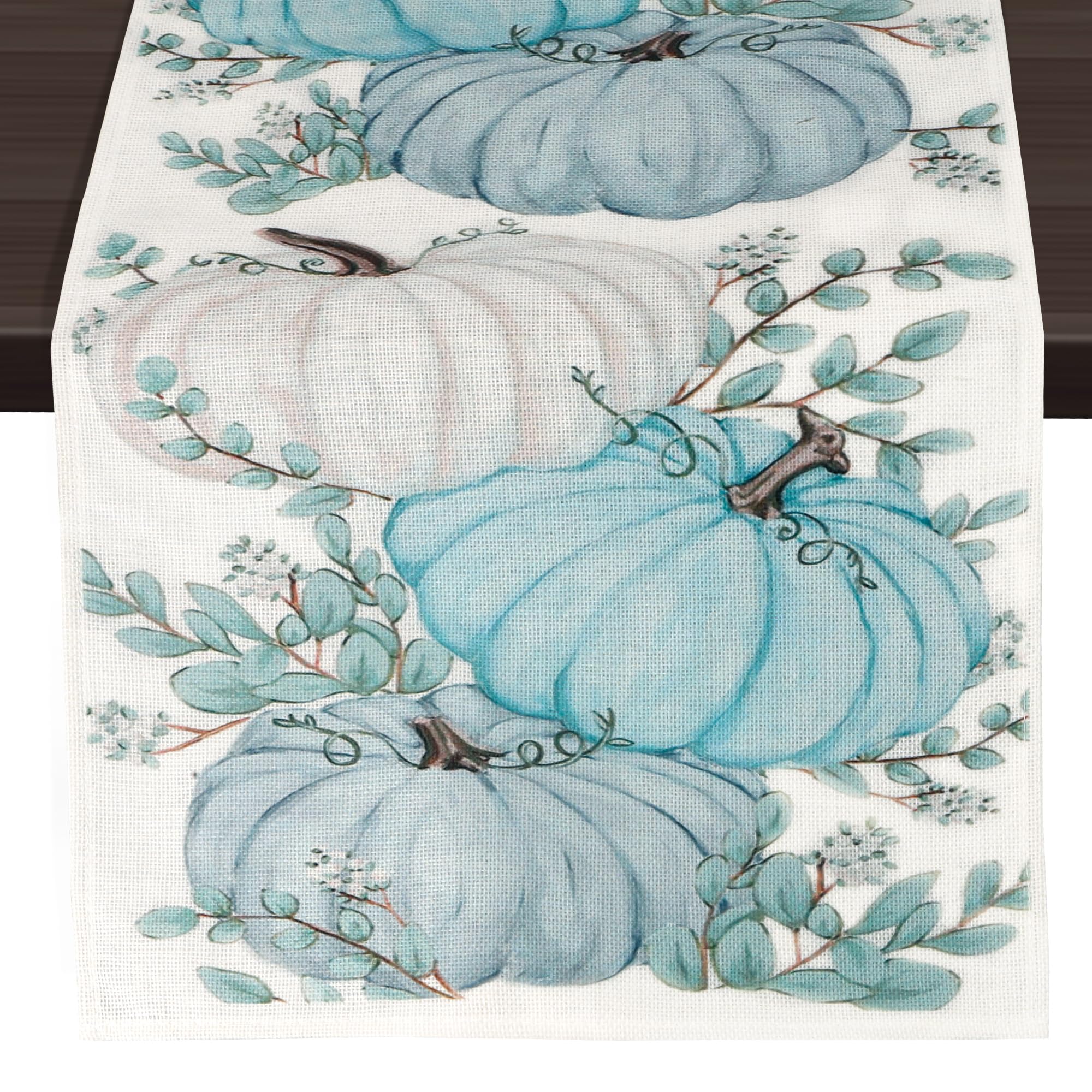 Blue Pumpkin & Eucalyptus Leaves Fall Table Runner - 13x72 Inch Thanksgiving & Autumn Home Decor for Holiday Kitchen & Dining Table - Perfect for Seasonal Gatherings & Festive Dinner Parties