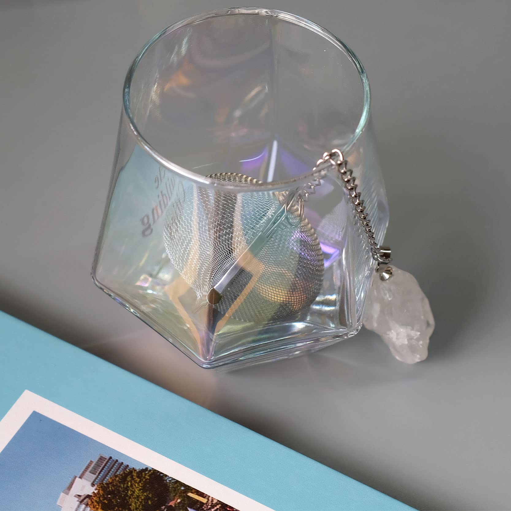 Premium Clear Quartz Crystal Tea Infuser with Stainless Steel Mesh - Elegant Tea Strainer Ball for Loose Leaf Tea - Extended Chain Hook for Easy Brewing - Perfect for Home, Office, and Gift Giving