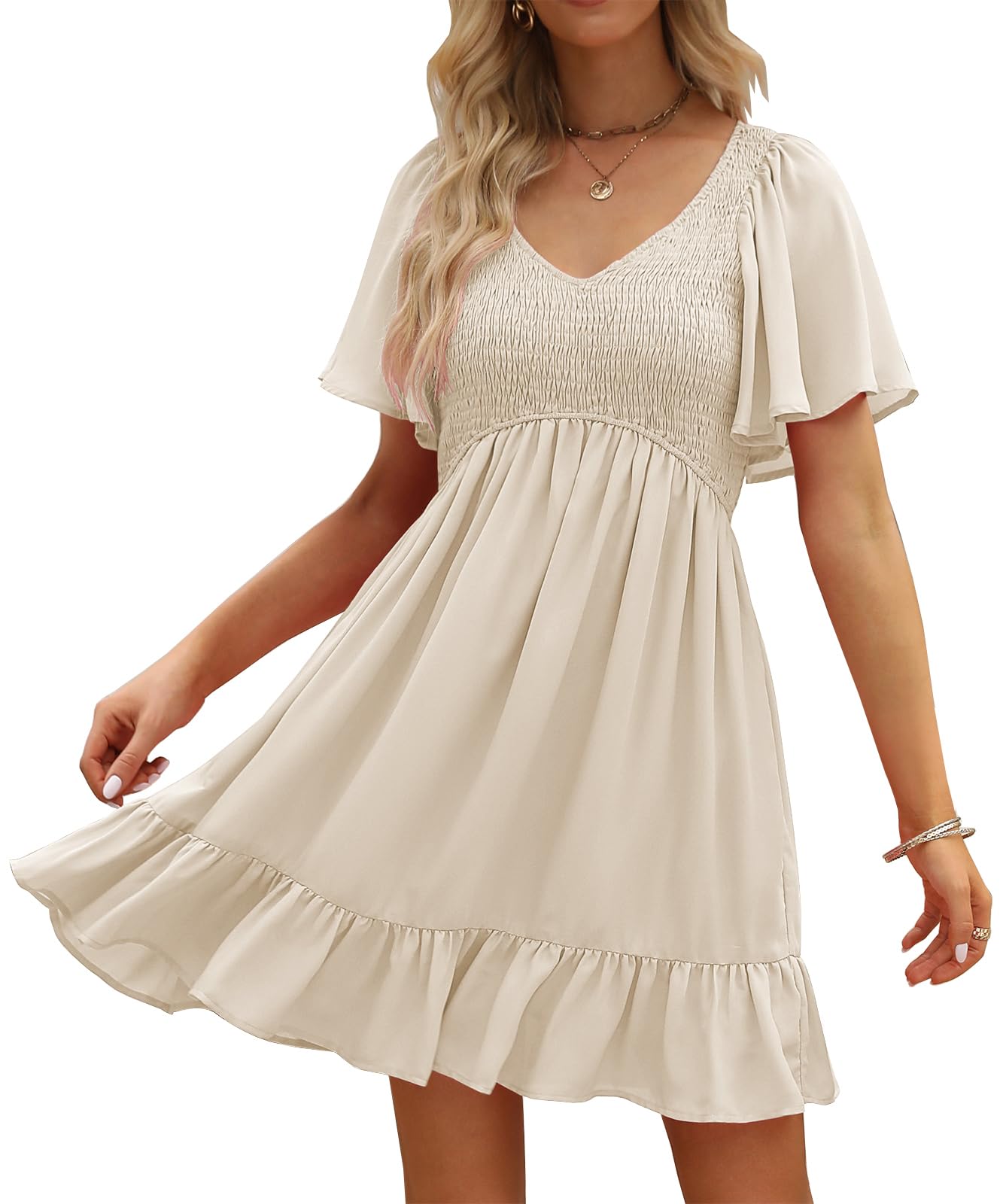 LILLUSORY Women's Flowy Casual Mini Dress - 2025 Summer V-Neck Smocked Dress with Pockets for Graduation, Vacation & Beach Wear | Lightweight & Comfortable