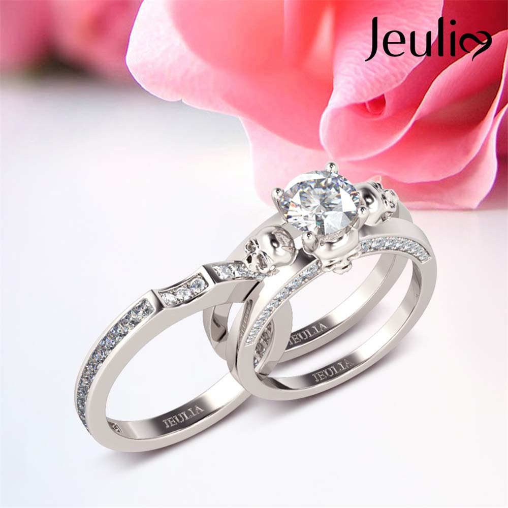 Jeulia 2.5 Carat Sterling Silver Skull Wedding Ring Set for Women - Round Cut Cubic Zirconia Engagement & Promise Band - Interchangeable CZ Solitaire Rings with Gift Box - Perfect for Gothic Weddings, Anniversary Gifts & Alternative Fashion Jewelry