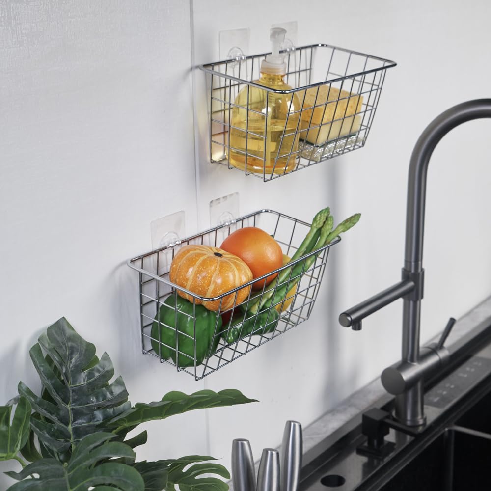 2 Pack Hanging Storage Baskets - No Drill Bathroom & Kitchen Organizer with Damage-Free Adhesive Tape - Space Saving Cabinet Storage Solution for Bathroom, Kitchen, Pantry & Closet Organization