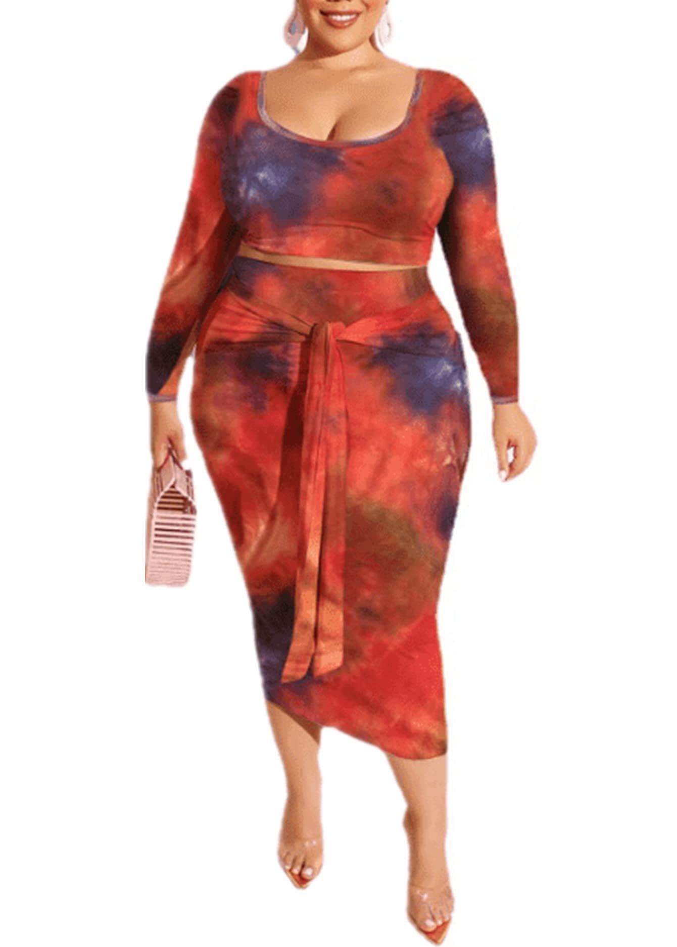 Tie Dye Plus Size Skirt Sets for Women - 2 Piece Outfits with Sexy Midi Skirt & Long Sleeve Top | Boho Chic Dresses for Casual Wear, Beach Vacations & Music Festivals