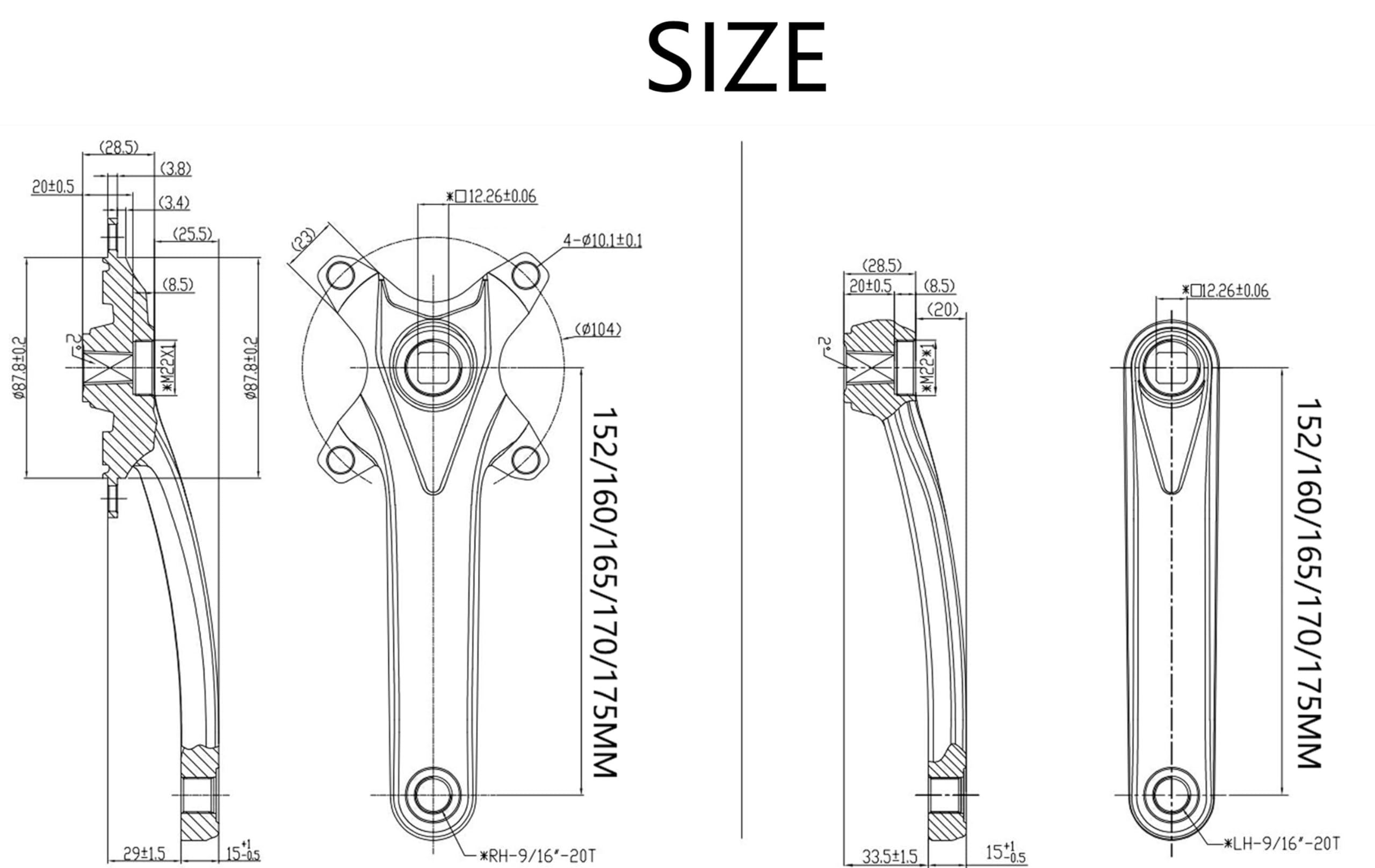 PROWHEEL Universal Bike Crank Arm Set - 152MM/160MM/165MM/170MM/175MM Lengths with 104MM BCD Square Hole - Compatible with City Bikes, Road Bikes, Folding Bikes, Mountain Bikes & E-Bikes - Perfect for Cycling, Commuting & Off-Road Adventures