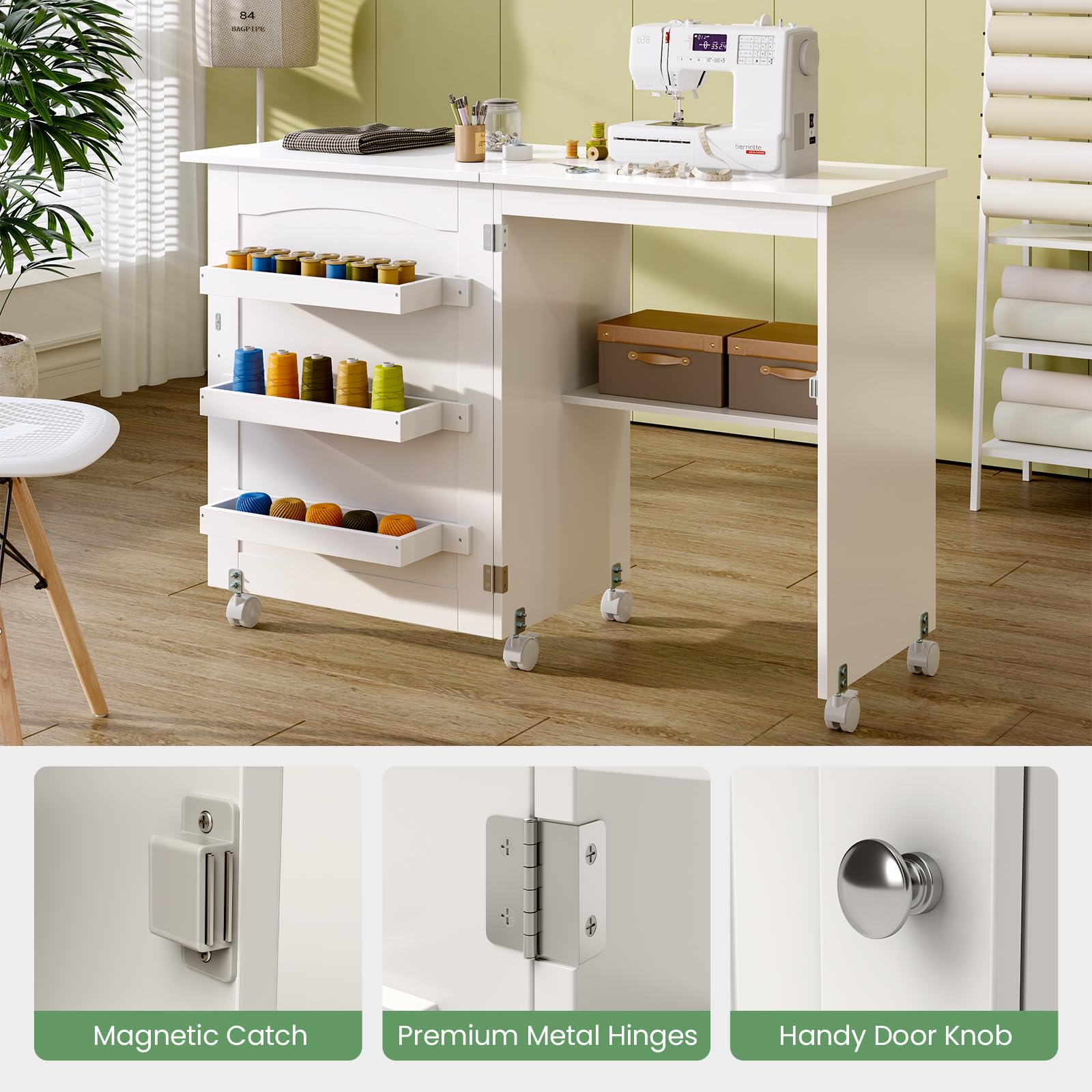 COSTWAY Folding Sewing Table with Lockable Wheels | Multipurpose Craft Station Desk & Display Cabinet with Storage Shelves | Rolling Sewing Machine Desk for Home & Apartment | Perfect for Quilting, DIY Projects & Small Space Organization (White)