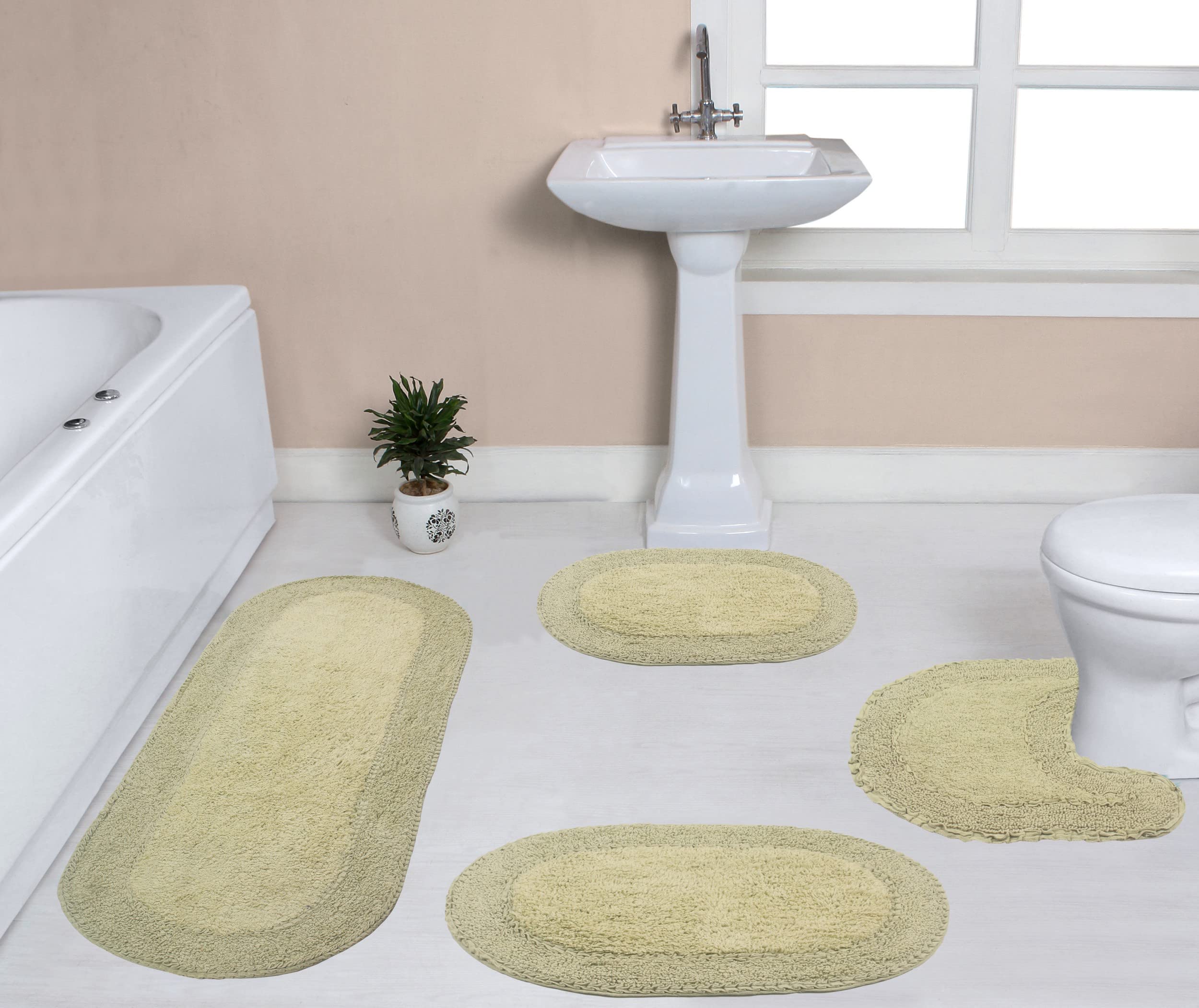 Home Weavers Double Ruffle Collection - 100% Cotton Washable Bathroom Rugs Set (4-Piece) | Ultra Soft & Absorbent Non-Slip Bath Mat for Bathroom & Kitchen Floor | Includes Contour Mat in Sage Green | Perfect for Modern Bathrooms, Spa Decor & Cozy Home Use