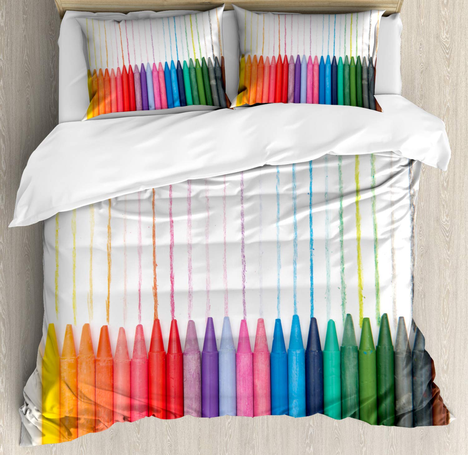 Ambesonne Crayon Duvet Cover Set - King Size 3-Piece Bedding with 2 Pillow Shams | Colorful Painting Crafts Design on Plain Backdrop | Creative Home Decor for Kids Room, Dorm & Guest Bedroom