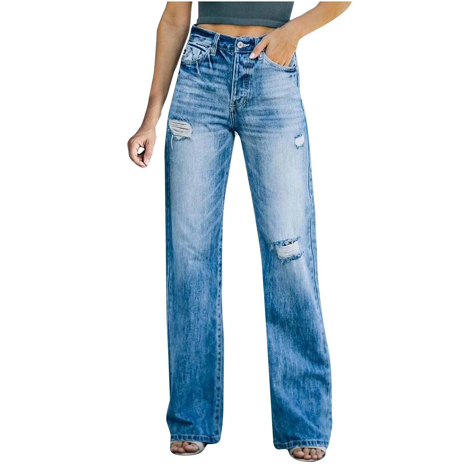 QTOCIO Women's High Rise Bootcut Jeans - Classic Stretch Denim Pants with Destroyed Details | Comfortable Boyfriend & Straight Leg Style for Casual Wear, Office, and Night Out