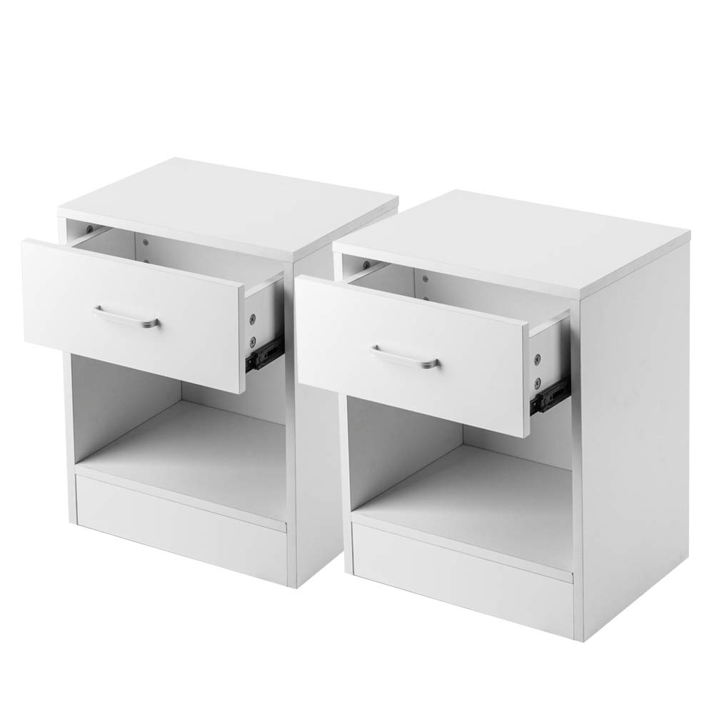 2PC White Nightstand with Drawer & Storage Shelf - Modern Bedside End Table for Bedroom, Living Room, or Office - Perfect for Small Spaces & Home Organization