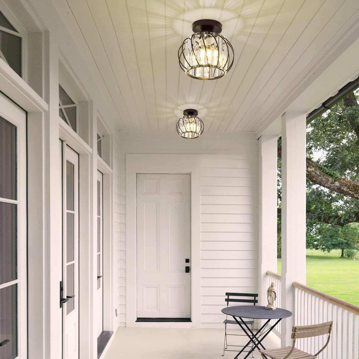 Black Flush Mount Crystal Chandelier - Small Bathroom & Hallway Ceiling Light Fixture - Mid Century Modern Design for Entryway, Bedroom, Porch - Perfect for Home Decor & Romantic Ambiance
