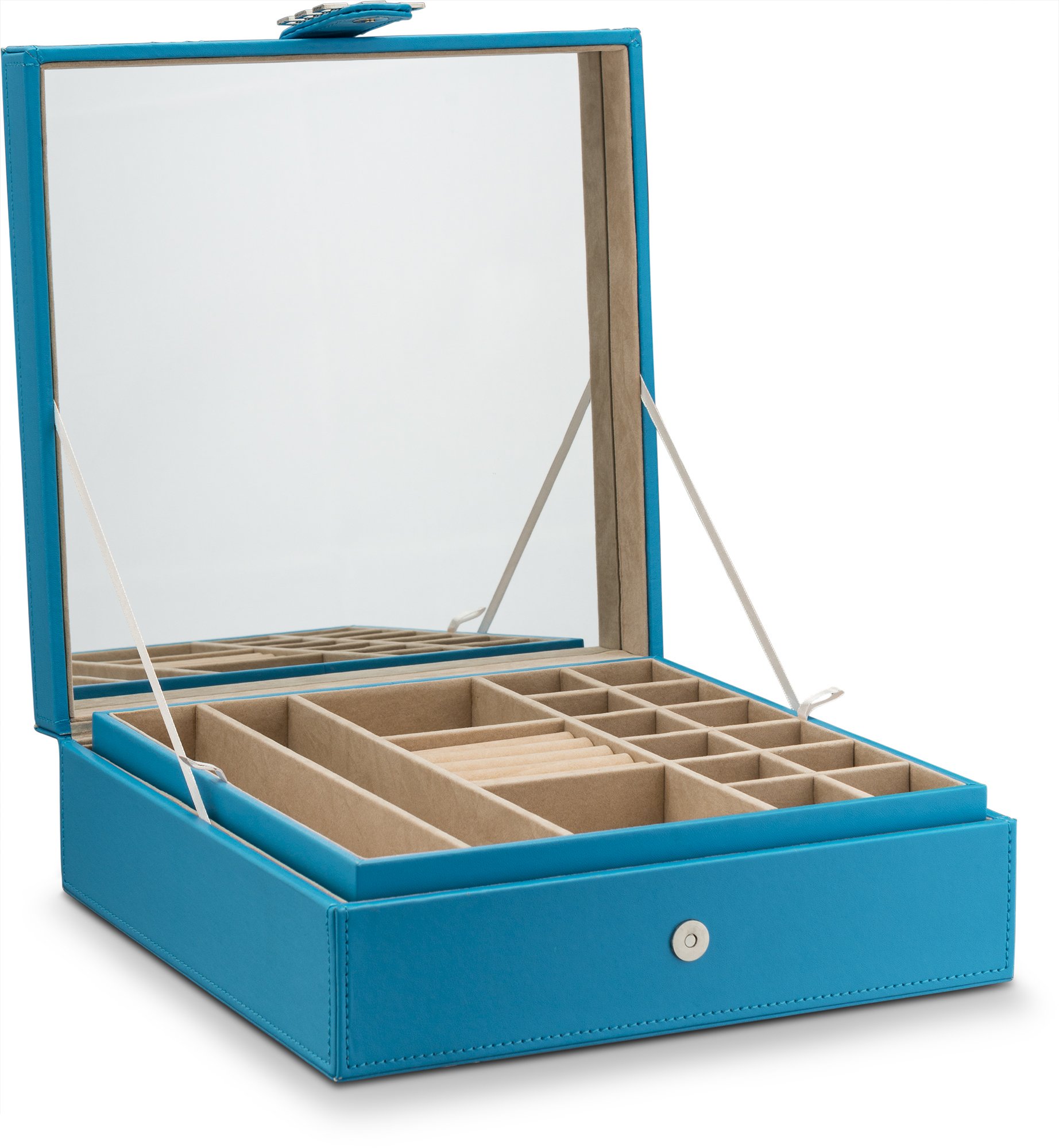 Co Jewelry Box - 28-Section Jewelry Organizer with Modern Buckle Closure, Large Mirror & 2 Trays | PU Leather Jewelry Storage for Women, Teens & Girls | Holds Earrings, Rings, Necklaces, Bracelets & Watches | Perfect for Bedroom Vanity, Travel & Gift (Blue)