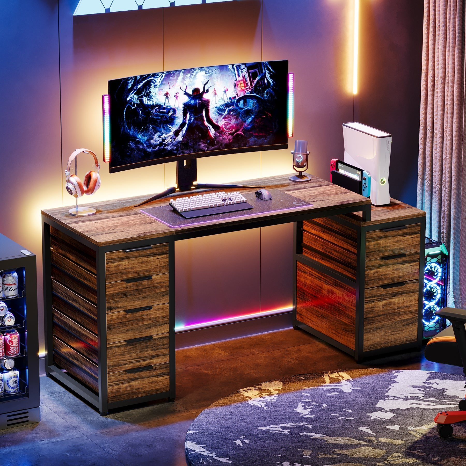 63 Inch Computer Desk with File Cabinet & Storage Drawers - Home Office Writing Study Table for Work, Gaming & Remote Learning