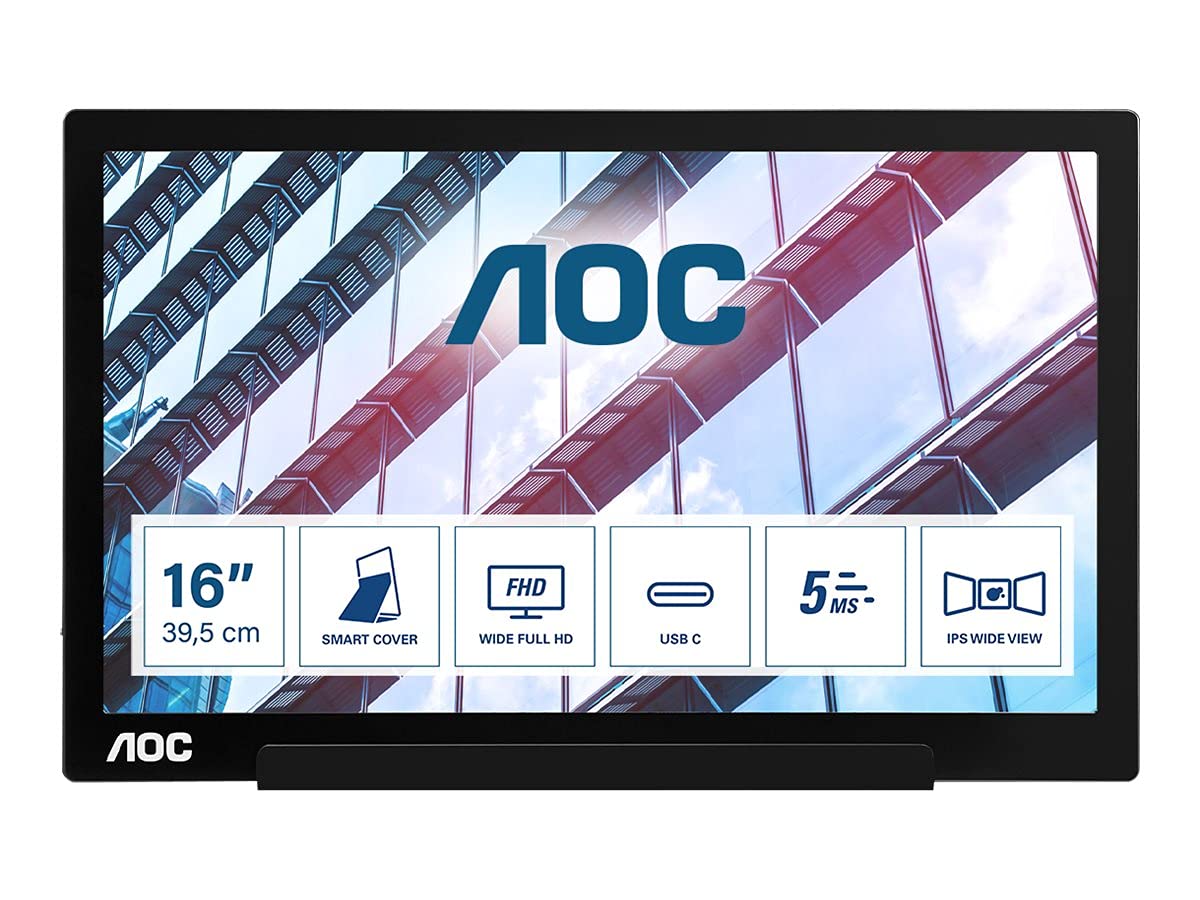 AOC I1601P 16 Inch Portable FHD USB-C Monitor with AutoPivot - 1920x1080 Resolution, 60Hz Refresh Rate, USB-C Connectivity - Black | Perfect for Laptop Extensions, Gaming, and Remote Work