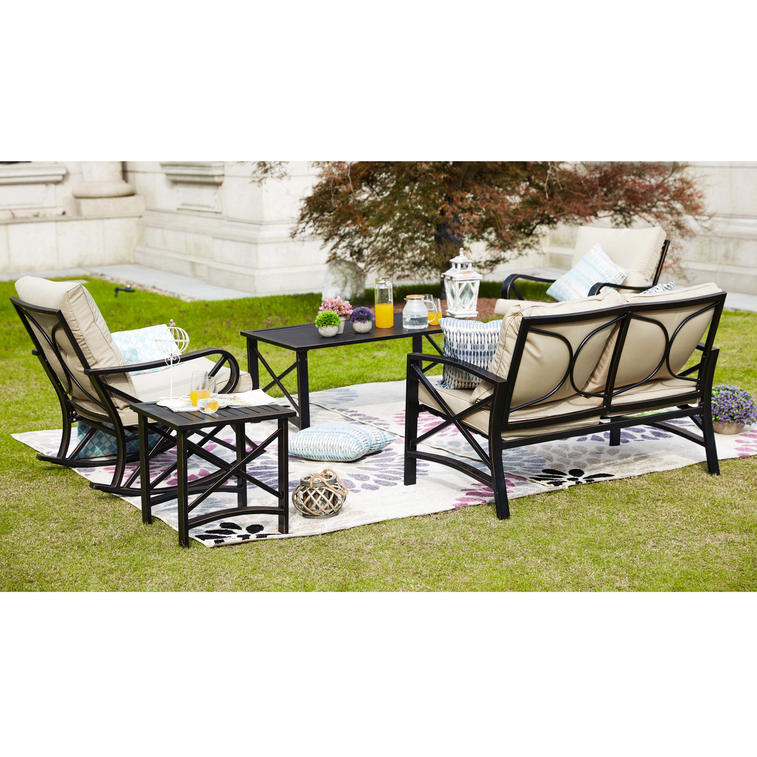 LOKATSE HOME 5-Piece Patio Furniture Set - Outdoor Bistro Conversation Set with Loveseat and 2 Coffee Tables, Khaki - Perfect for Garden, Backyard, Deck, and Poolside Relaxation