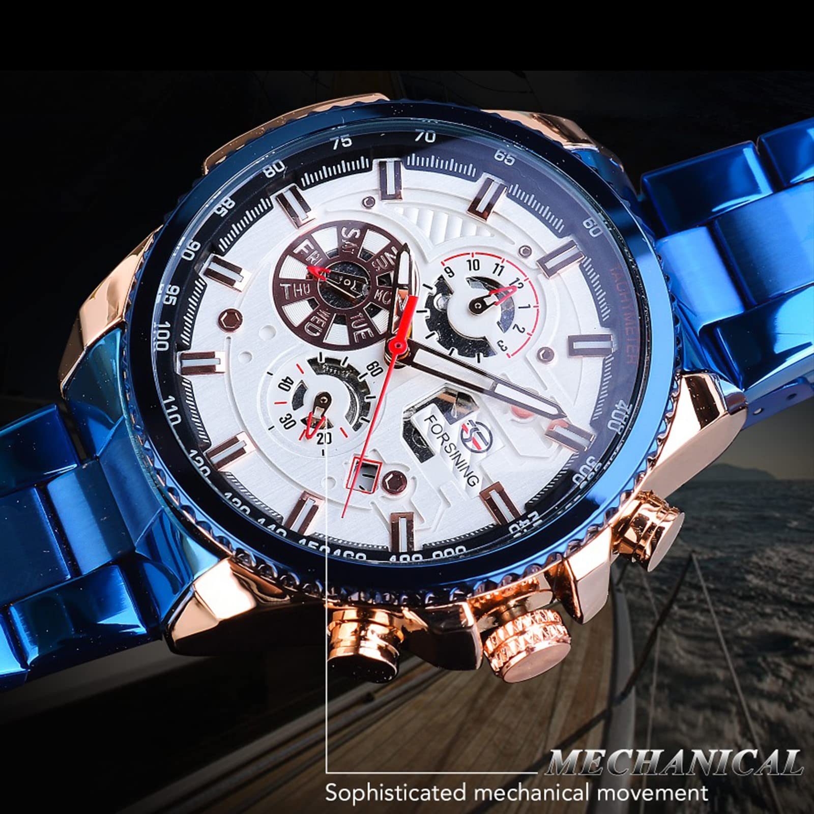 FORSINING Men's Automatic Self-Winding Luxury Stainless Steel Watch - Large Dial, Multifunction (Month/Day/Date, Stopwatch, Tachymeter) - Perfect for Business, Formal Events & Everyday Wear