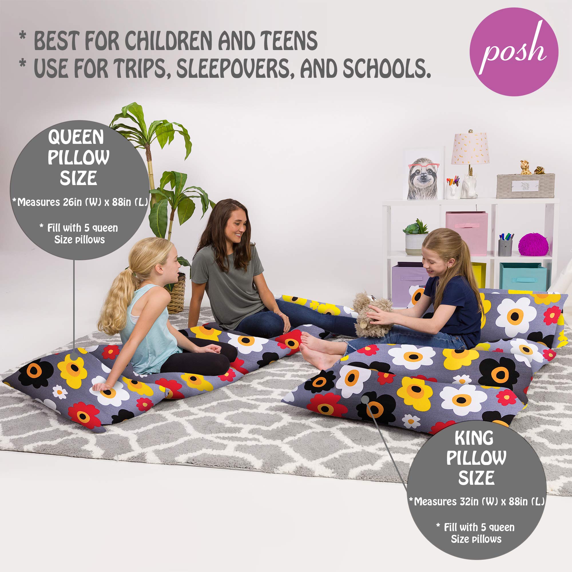 Kids Floor Pillow Cover - Premium Canvas Cushion Cover with Floral Design for Teens - Home Decor & Lounge Comfort