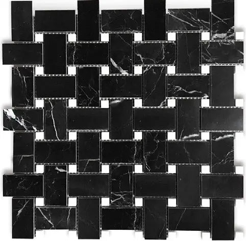 Nero Marquina Black Marble Basketweave Mosaic Tile with White Dots - Elegant Backsplash for Kitchen & Bathroom Wall Decor