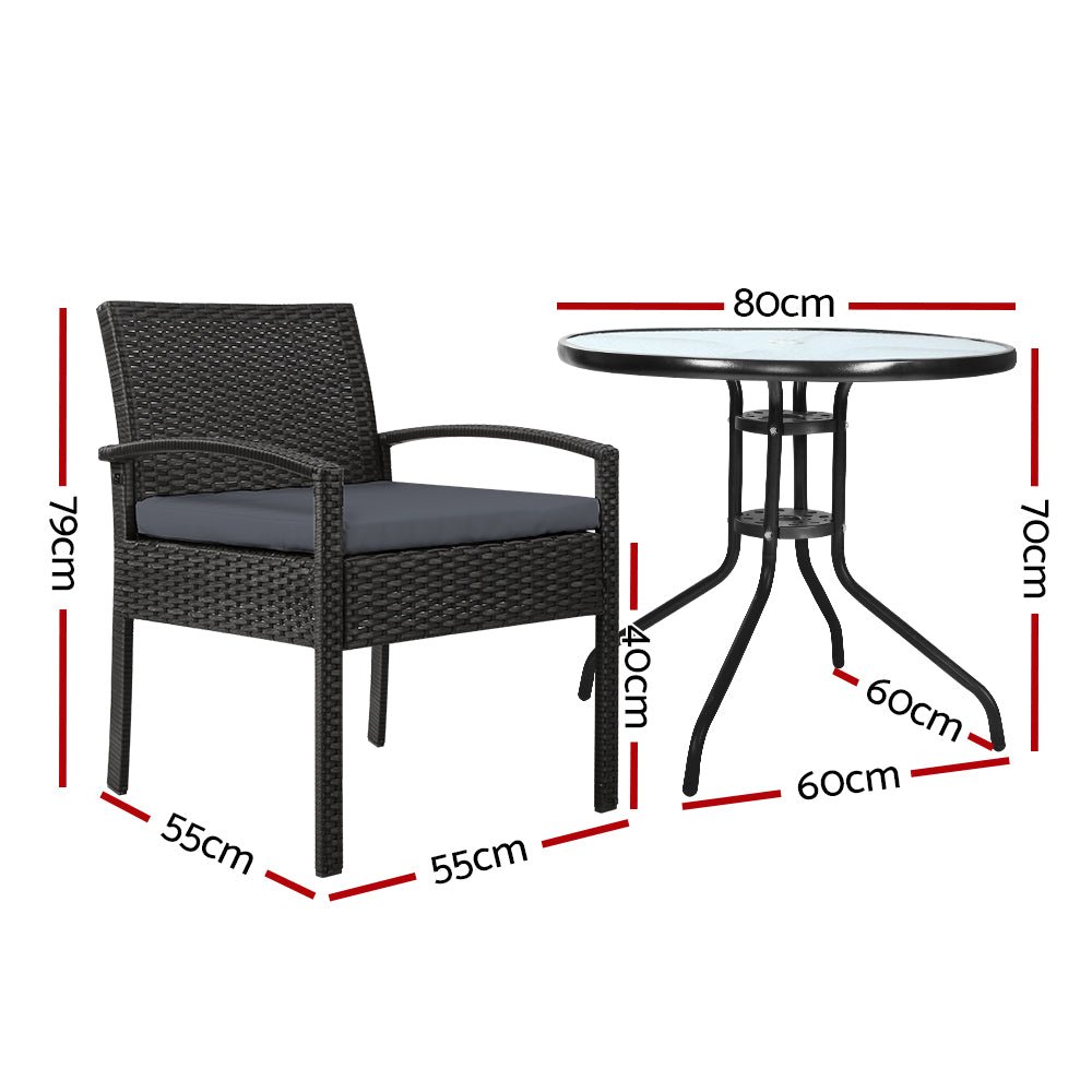 3-Piece Bistro Set Outdoor Patio Furniture - Rattan Table & Chairs with Cushions - Perfect for Garden, Balcony or Backyard Dining
