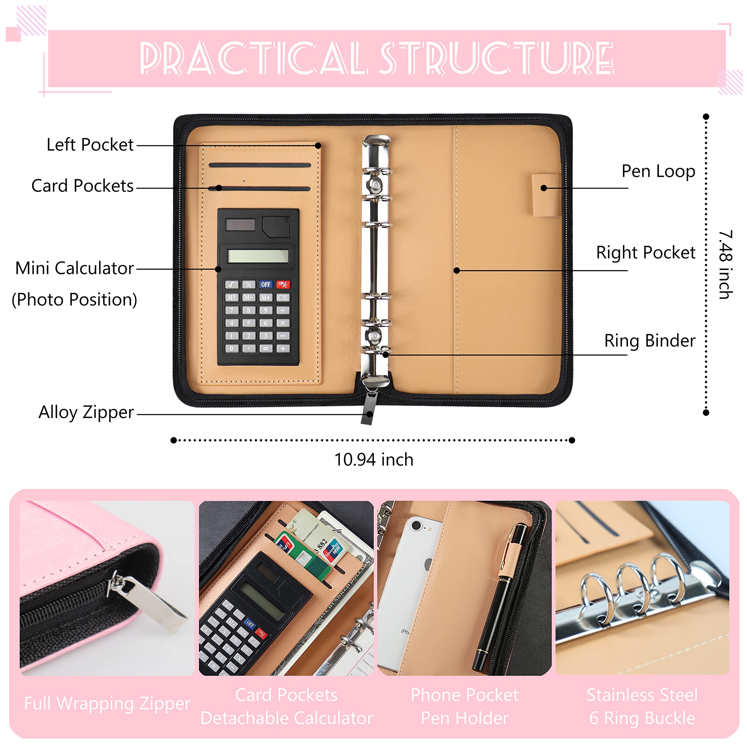 2025 A6 PU Leather Budget Binder with Zipper Envelopes - Cash Envelopes System for Budgeting, Money Organizer & Bill Calculator - Perfect for Cash Saving, Personal Finance Tracking, and Dave Ramsey Budgeting Method (Home Office & Travel Use)