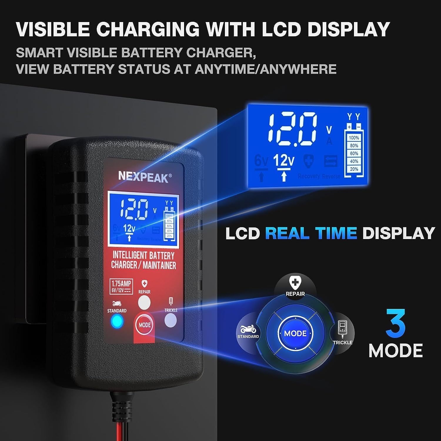 3-Pack 1.75-Amp Smart Car Battery Charger & Maintainer - 6V/12V Automatic Trickle Charger with Desulfation for Cars, Motorcycles, Lawn Mowers, Boats & Marine Batteries - Perfect for Winter Storage & Long-Term Vehicle Maintenance