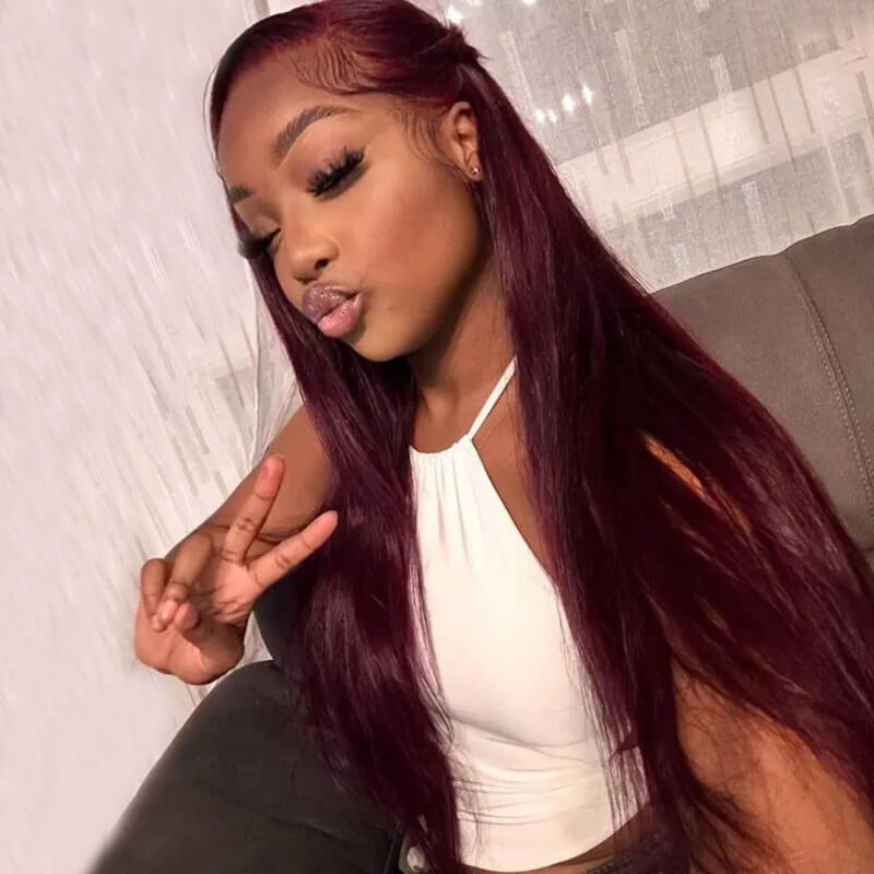 Eullair Pre-Colored Dark #99J Burgundy Frontal Wig - Natural Looking Human Hair Lace Front Wig for Women | Perfect Fall Color for Daily Wear, Parties & Special Occasions
