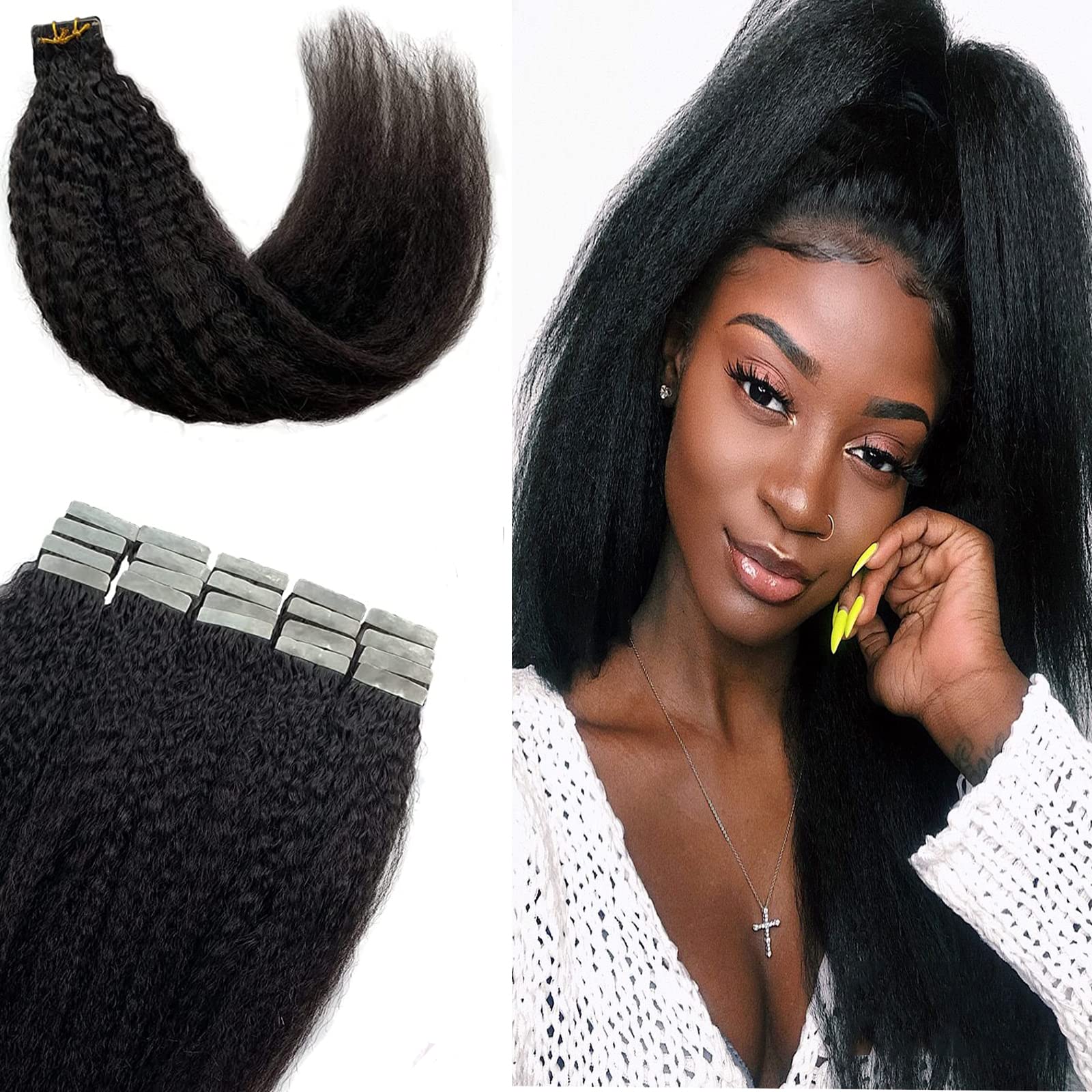 Natural Black Tape in Hair Extensions 24 Inch - 20 Pieces 50g Brazilian Kinky Straight Human Hair for Black Women | Soft & Shiny | Perfect for Daily Styling, Special Occasions & Protective Hairstyles