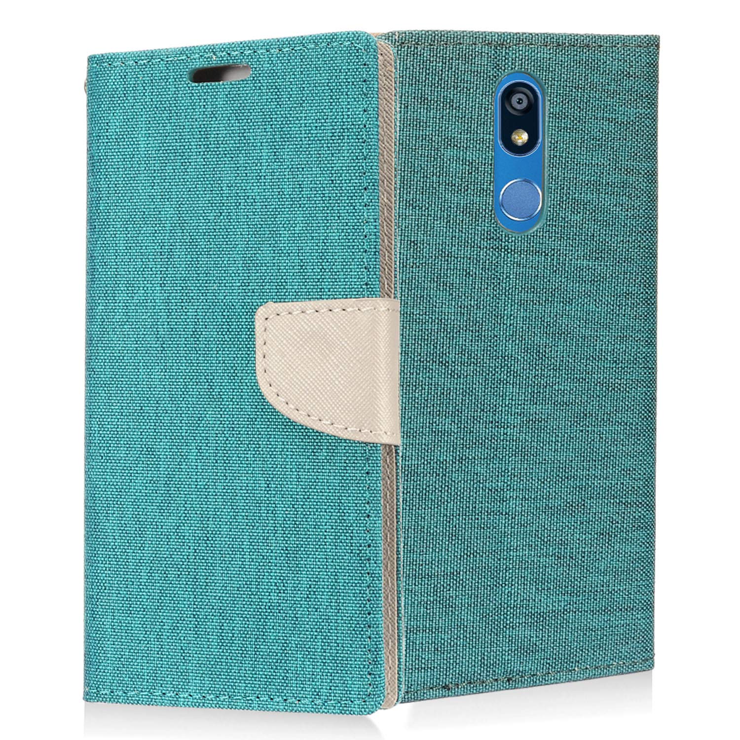 Z-GEN Denim Fabric Flip Wallet Phone Case for LG K40, Harmony 3, Xpression Plus 2 (2019) LM-X420 & LG Solo LTE L423DL - Stylish Protective Cover with Card Slots (Gray/Navy Blue) - Perfect for Everyday Use, Business & Travel