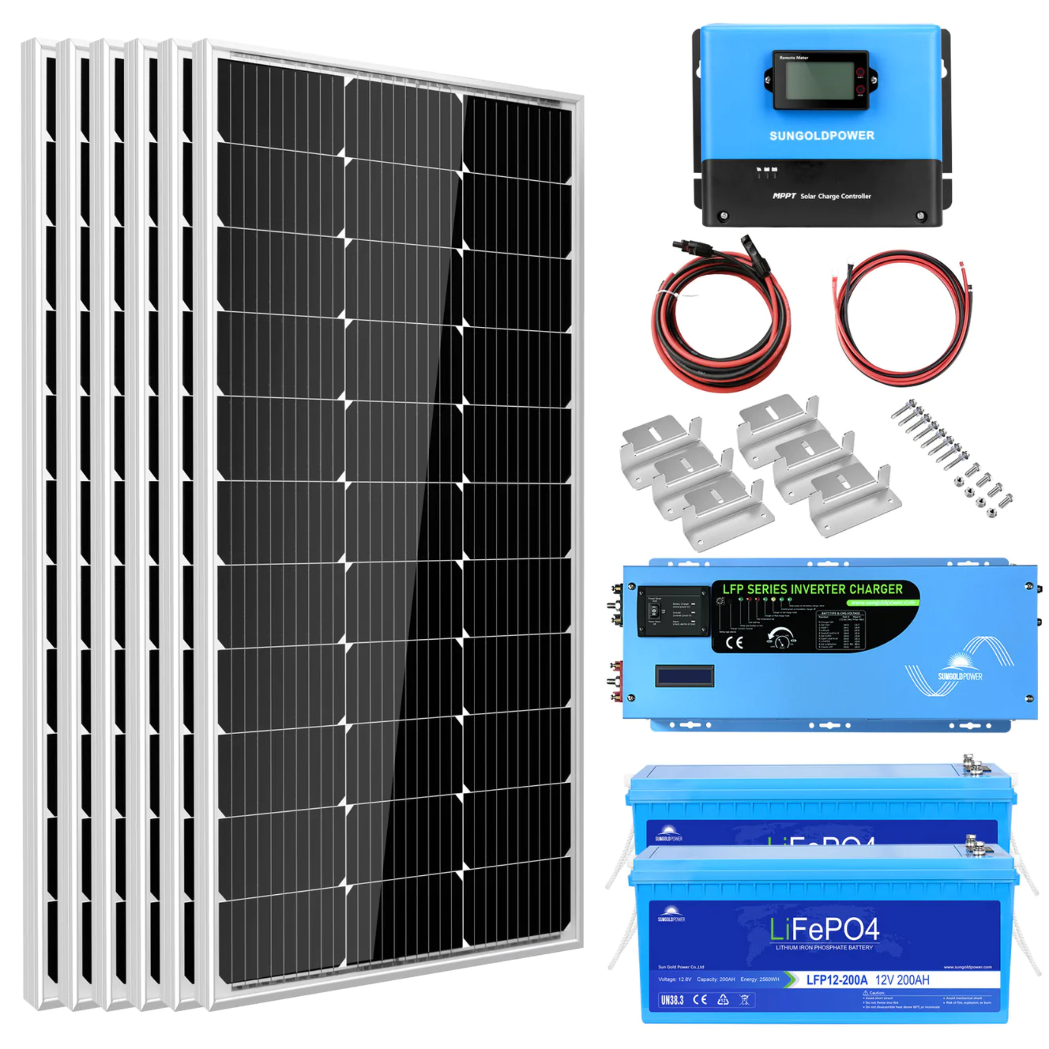 SunGoldPower Off Grid Solar Kit 3000W Inverter with LiFePO4 Battery - 600W Solar Panel, 12V DC to 120V AC Output for Home Backup Power (Ideal for RV, Cabin, Emergency Power Outages)