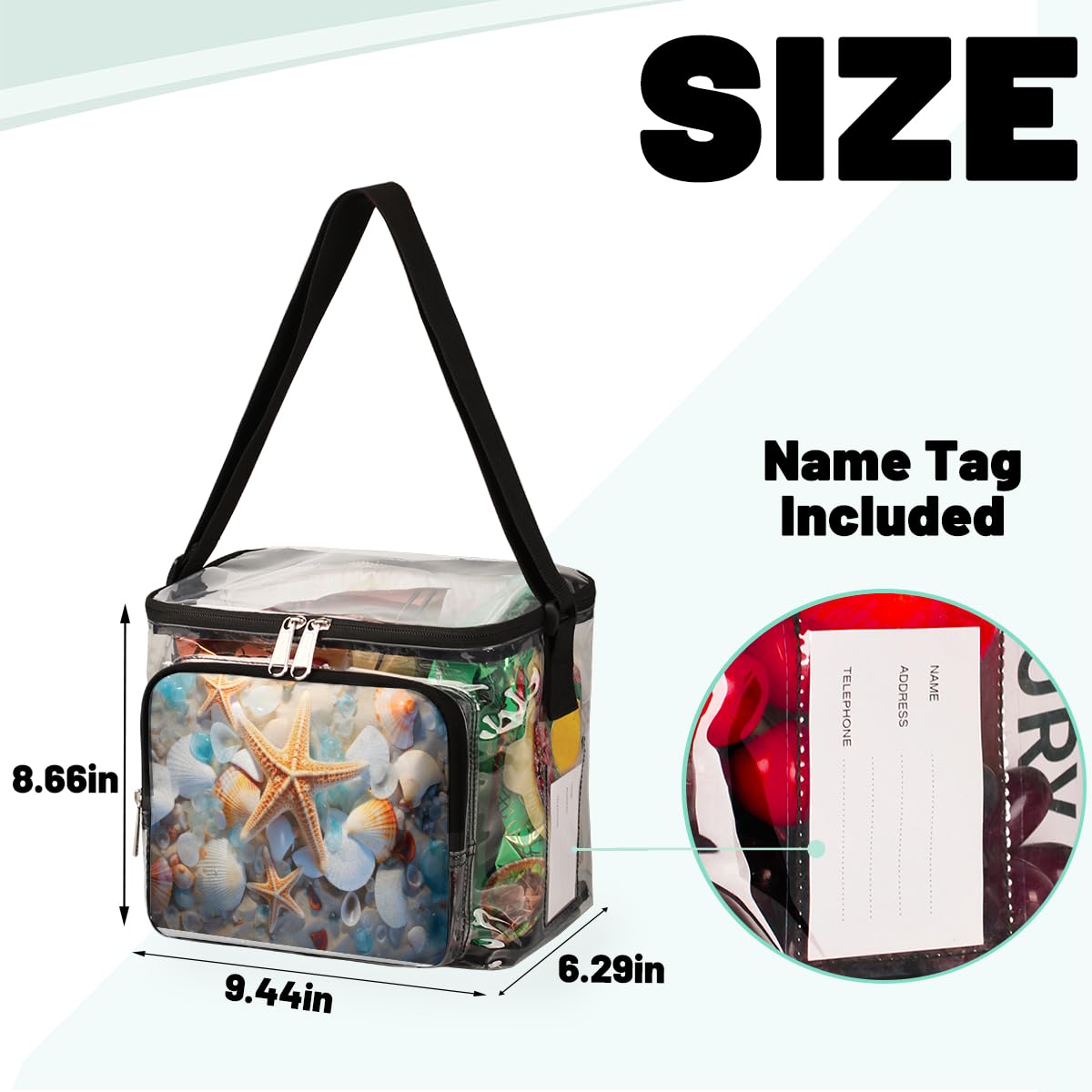 GzLeyigou Clear Transparent Beach Tote Bag with Handles - Starfish & Seashell Design Marine Life Shoulder Bag for Outdoor, Travel, Picnic, Concerts, Sports Events | Stadium Approved Lunch Bag for Women & Men | Perfect for Beach Day, Shopping, and Summer Outings