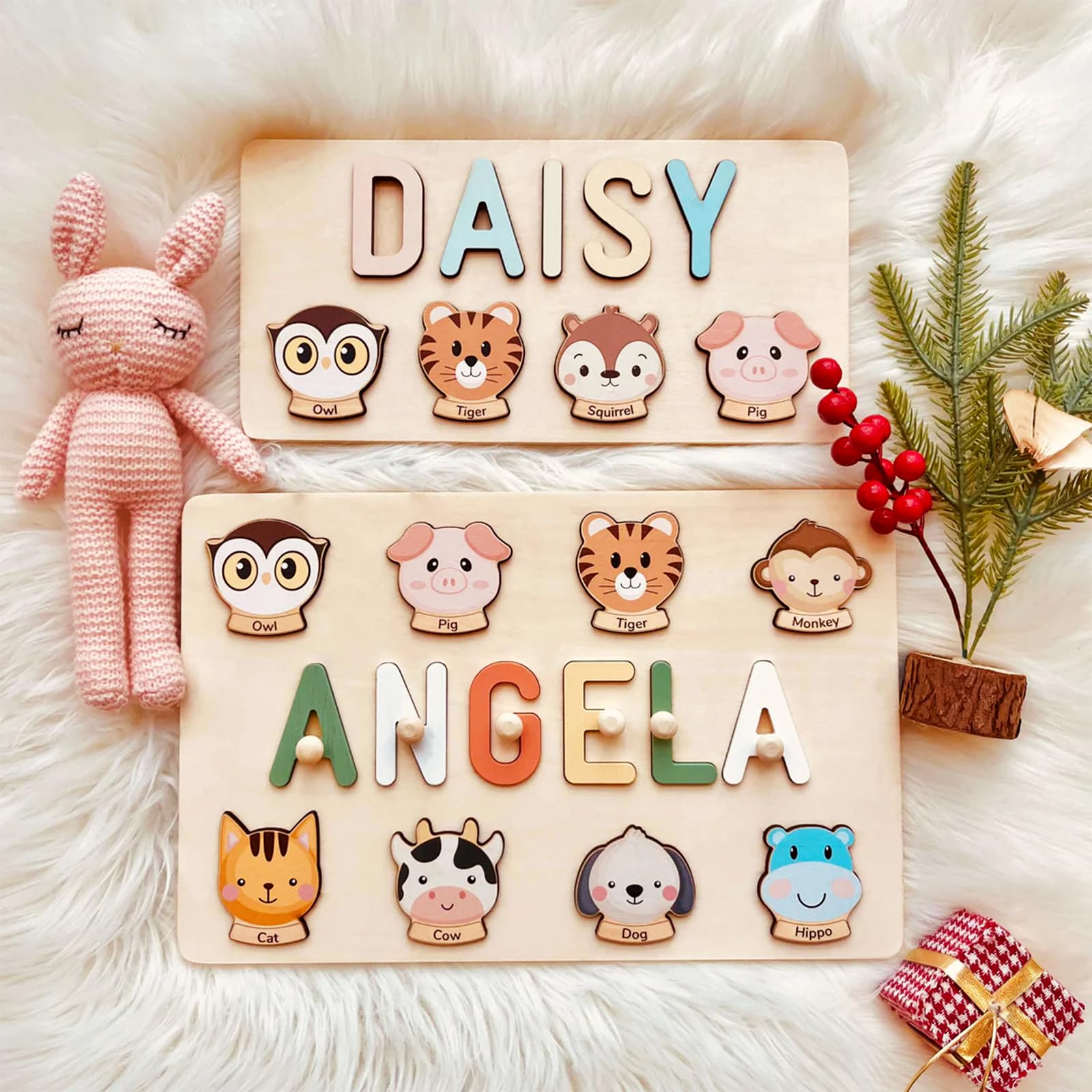 Personalized Wooden Name Puzzle for Toddlers 1-3 Years Old - Custom Baby Learning Toy with Animal Shapes, Engraved Text - Perfect Easter Basket Stuffers, 1st Birthday Gifts & Early Education Activity for Boys and Girls