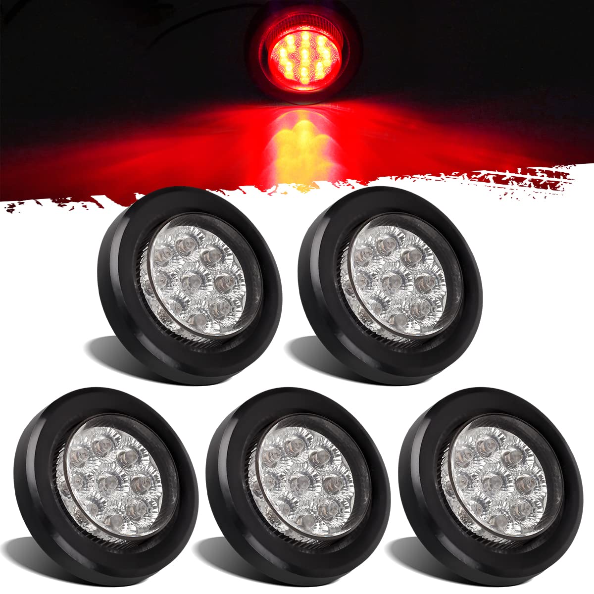 Partsam 5x 2 Inch Red LED Marker Lights - 9 LED Round Clearance Lights with Grommet & Pigtail for Trailers, Trucks, RVs & Campers - Clear Lens - Durable Cab Panel Lights for Nighttime Visibility & Safety