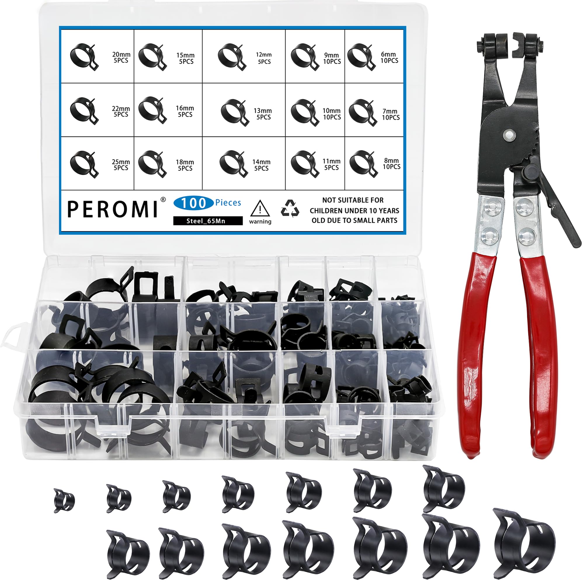 100Pcs 6-25mm Spring Hose Clamps Kit with Pliers - for Fuel Line, Vacuum & Air Hoses